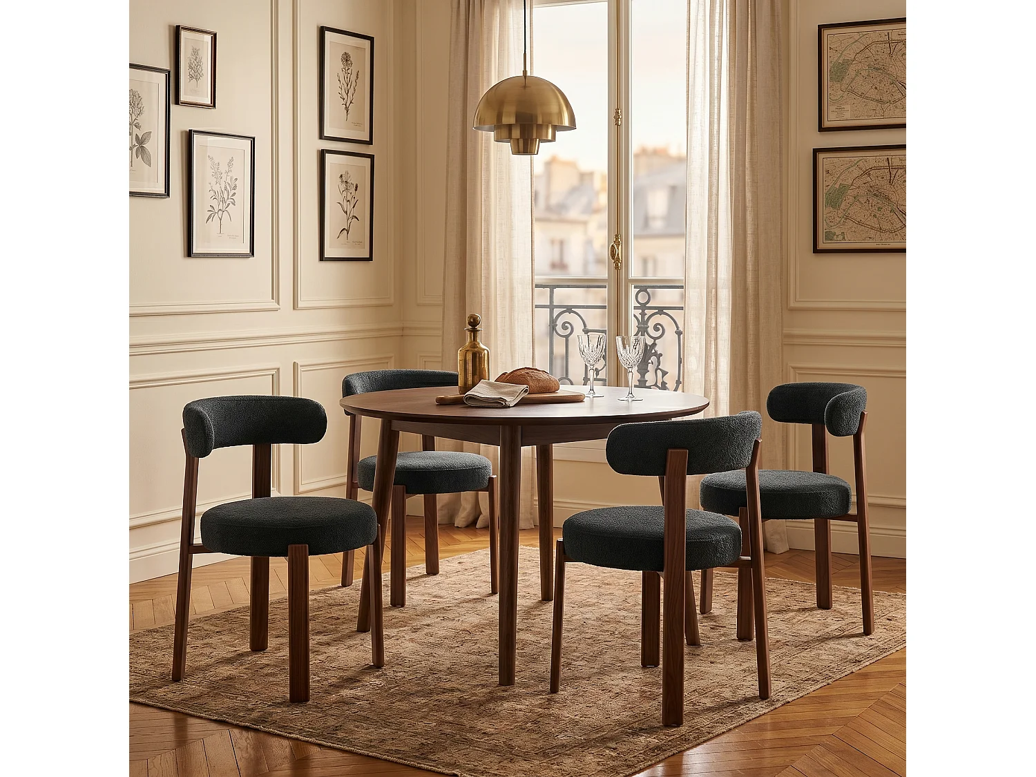 Lot de 4 chaises de salle à manger tissu noir dossier incurvé