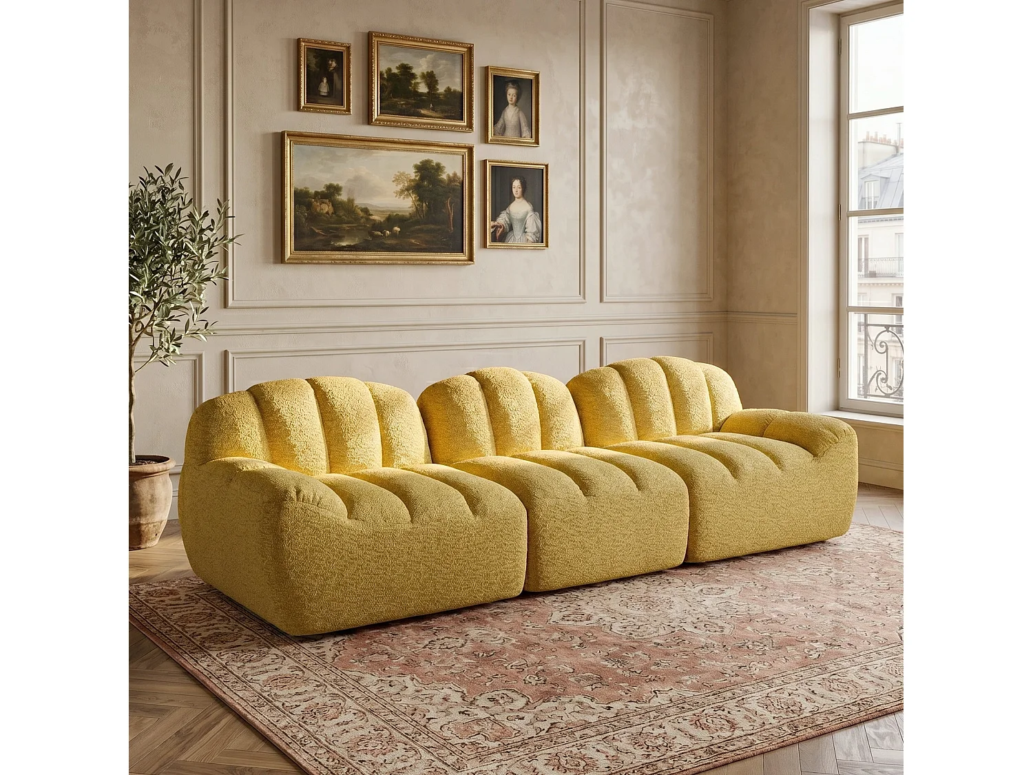 Canapé modulaire 3 places jaune moutard avec pouf, tissu polaire
