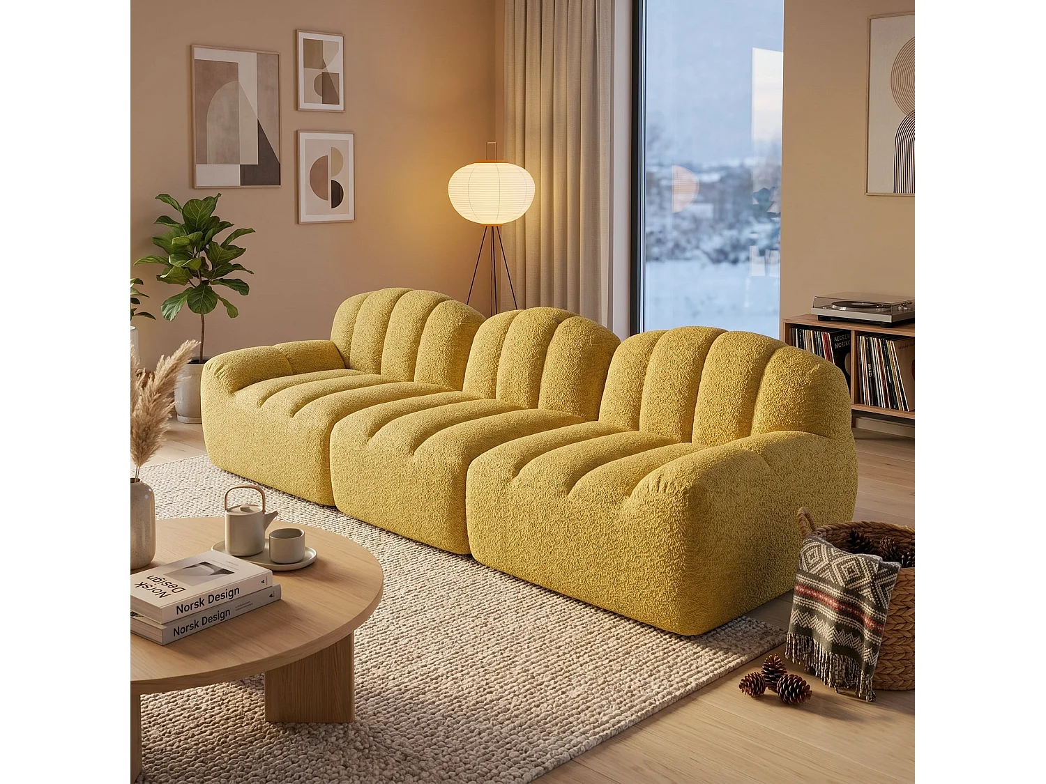 Canapé modulaire 3 places jaune moutard avec pouf, tissu polaire