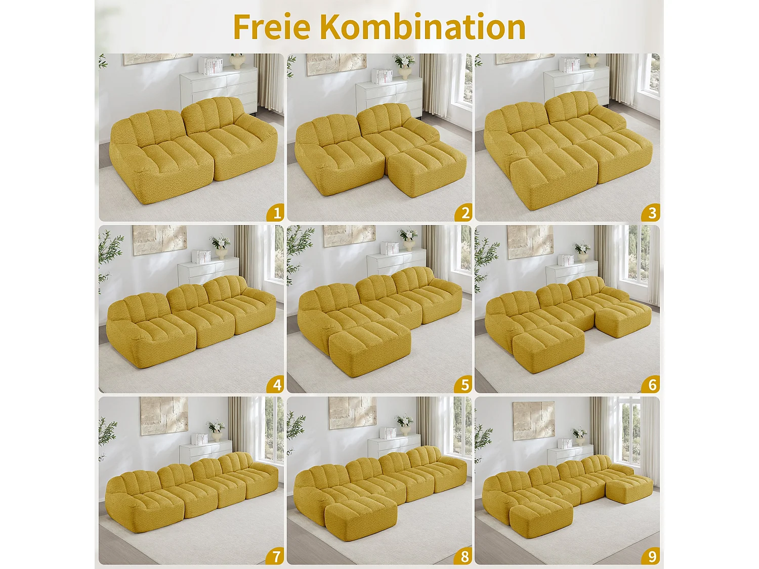 Canapé modulaire 3 places jaune moutard avec pouf, tissu polaire