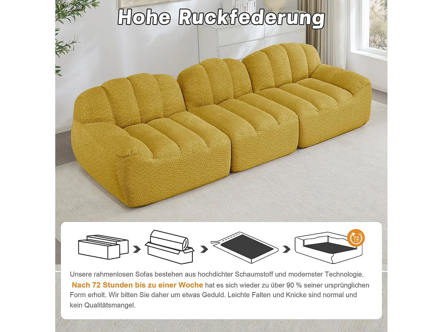 Canapé modulaire 3 places jaune moutard avec pouf, tissu polaire