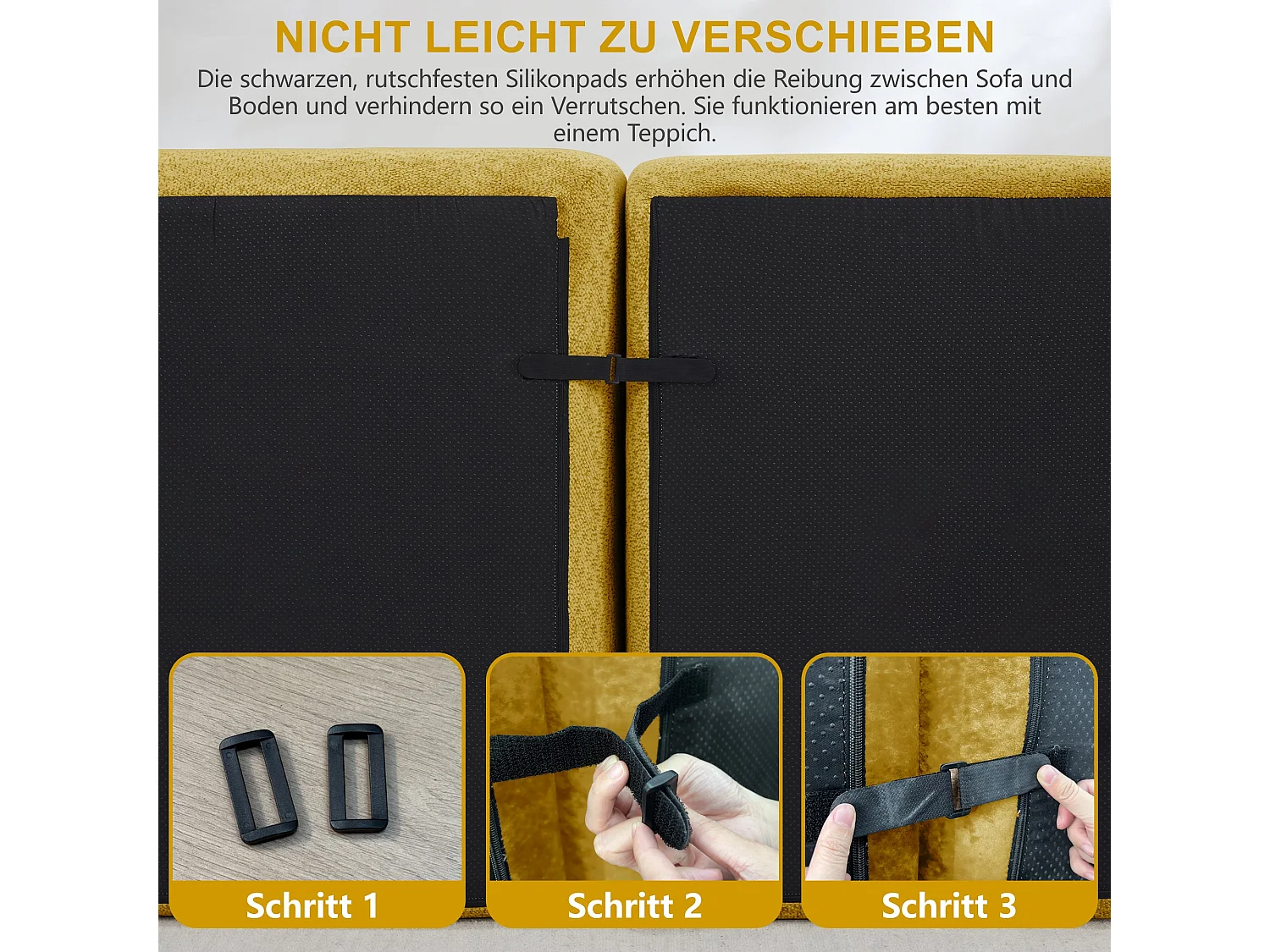 Canapé modulaire 3 places jaune moutard avec pouf, tissu polaire