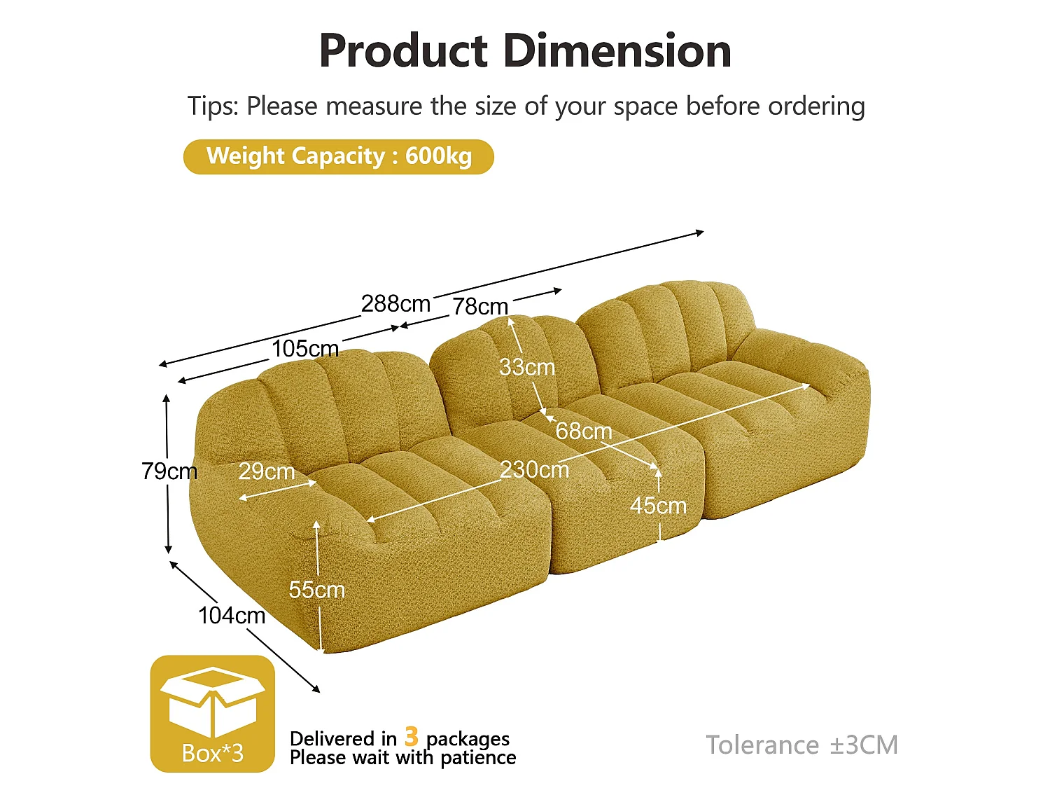 Canapé modulaire 3 places jaune moutard avec pouf, tissu polaire