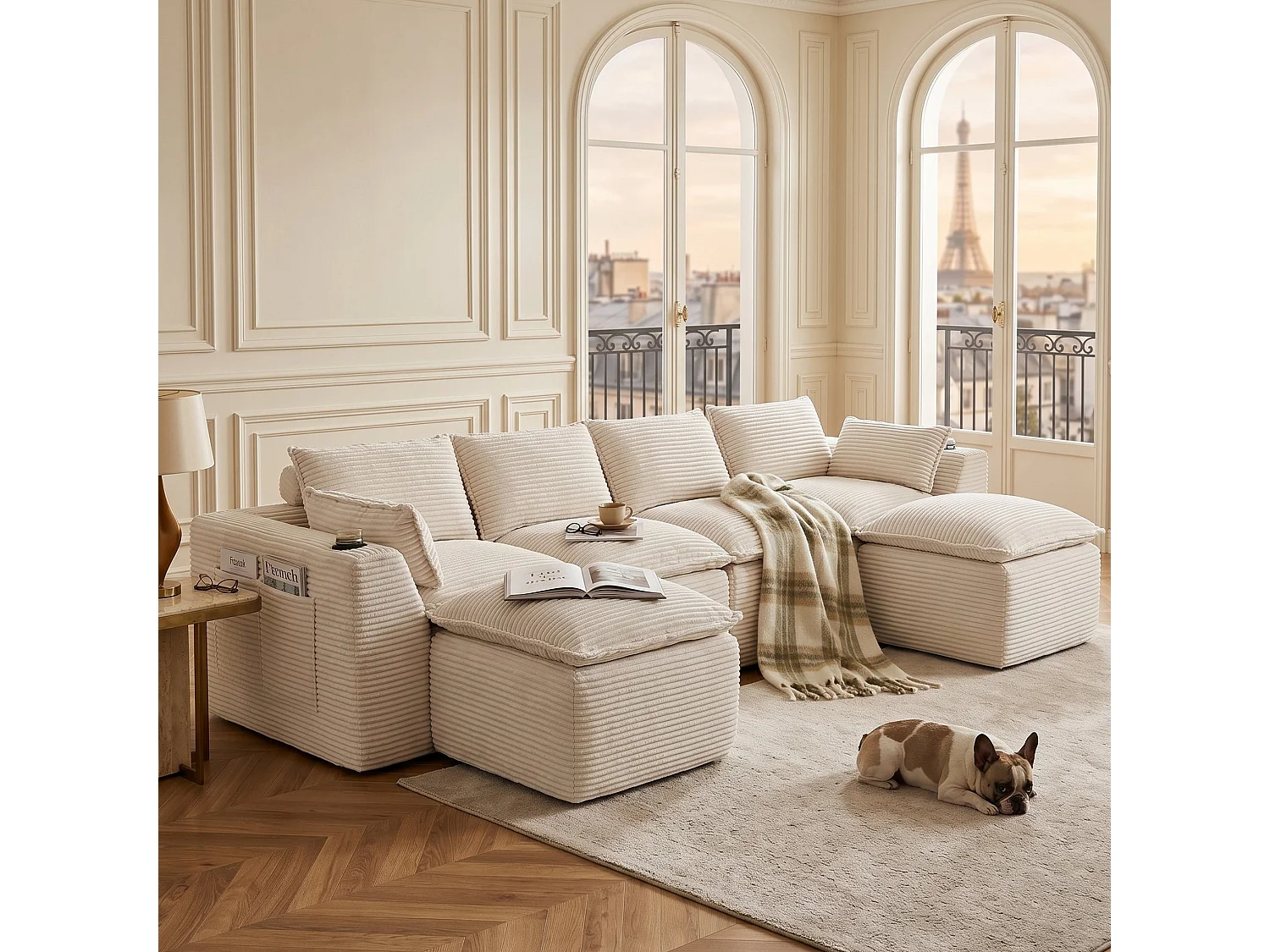 Canapé modulable 4 places avec 2 poufs et coussins Velours beige