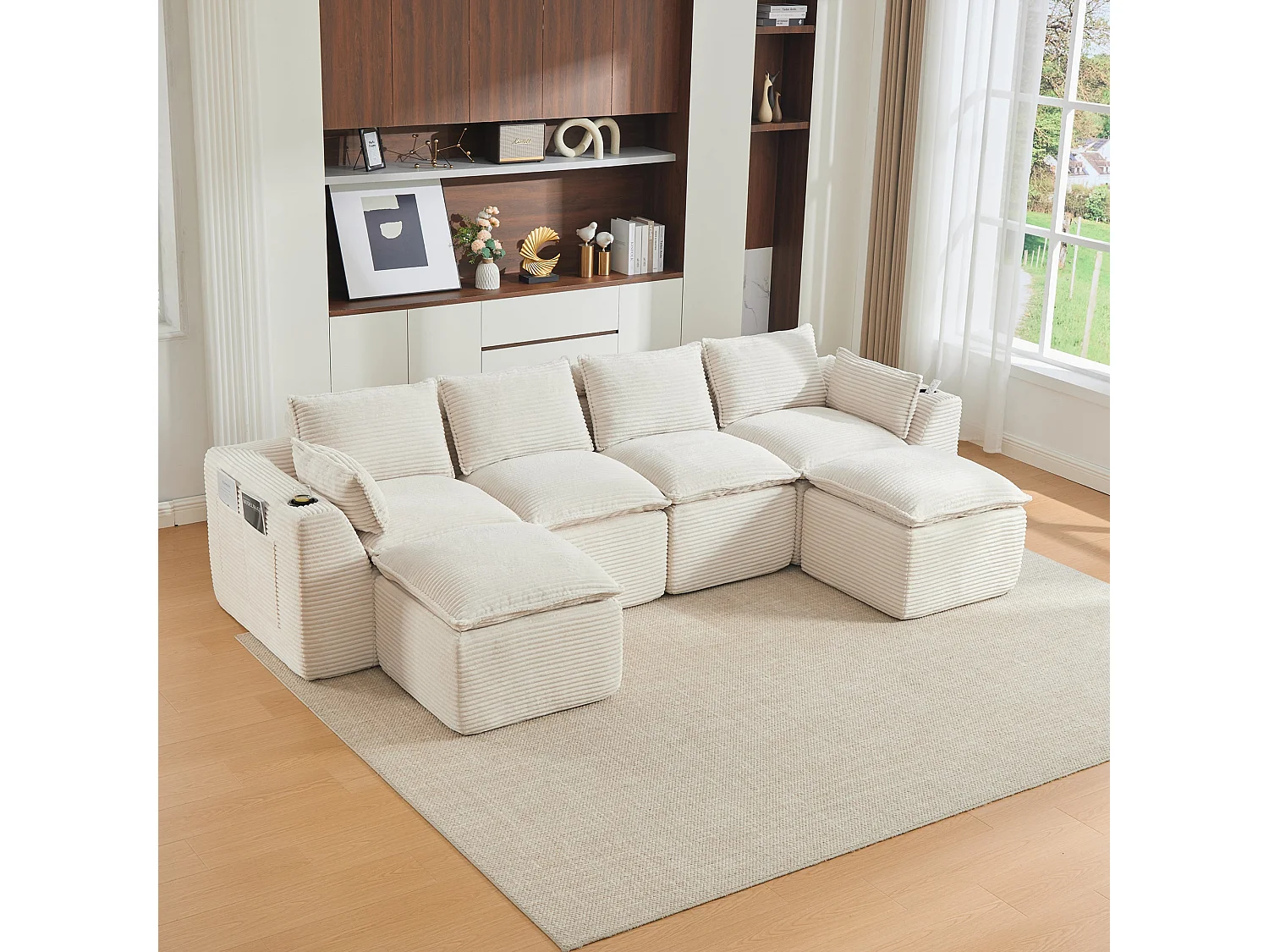 Canapé modulable 4 places avec 2 poufs et coussins Velours beige