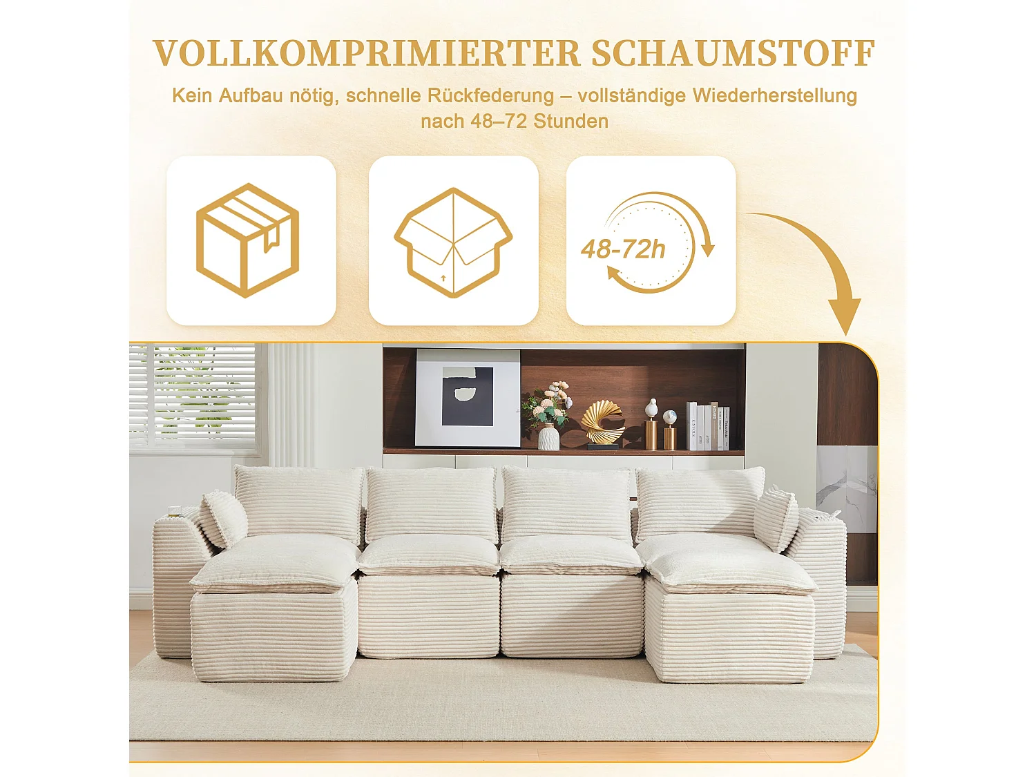 Canapé modulable 4 places avec 2 poufs et coussins Velours beige