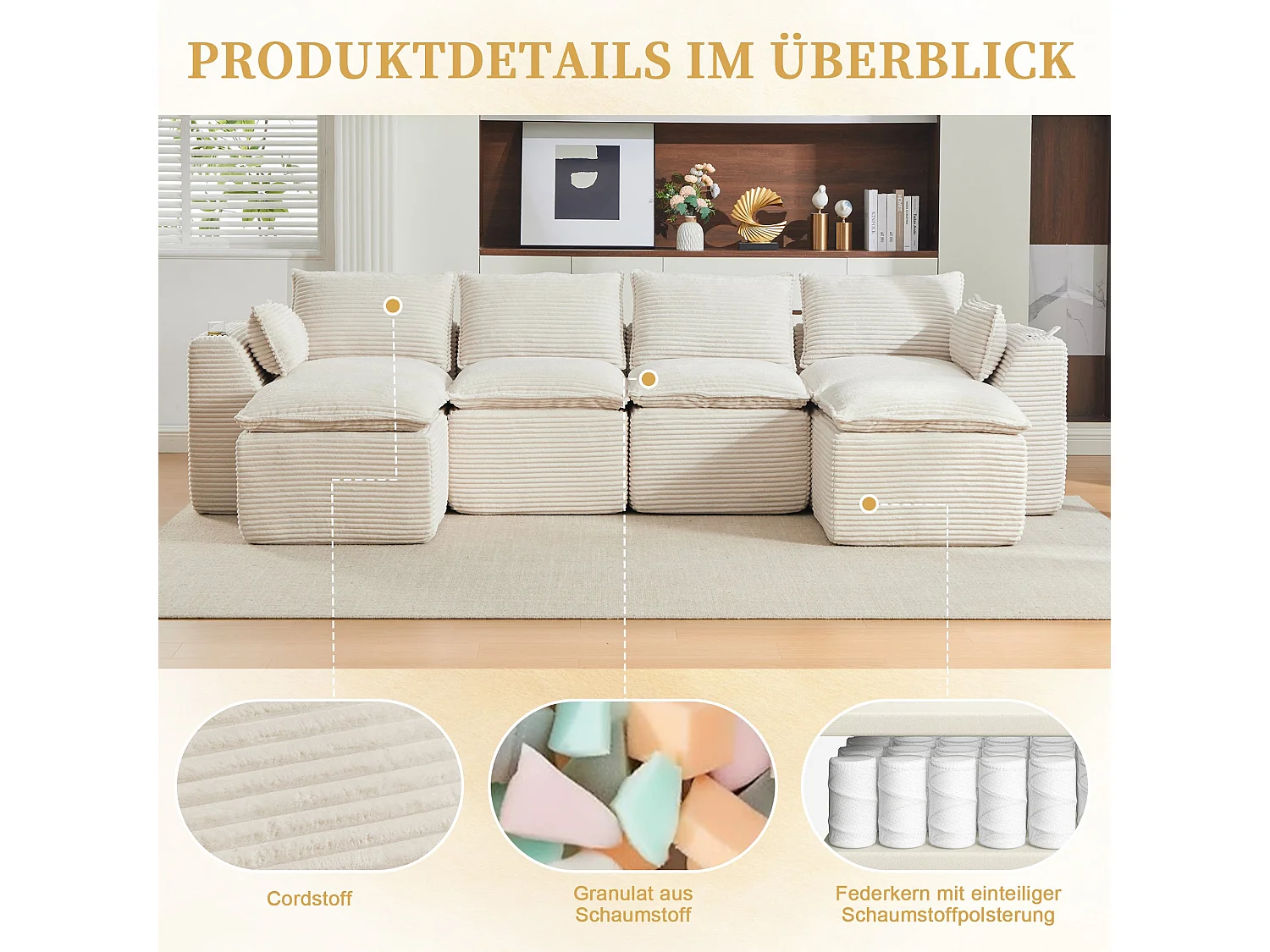 Canapé modulable 4 places avec 2 poufs et coussins Velours beige