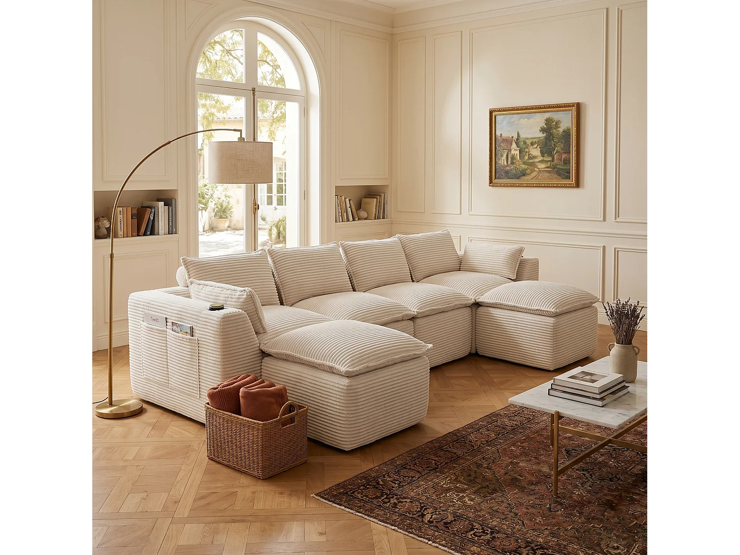 Canapé modulable 4 places avec 2 poufs et coussins Velours beige