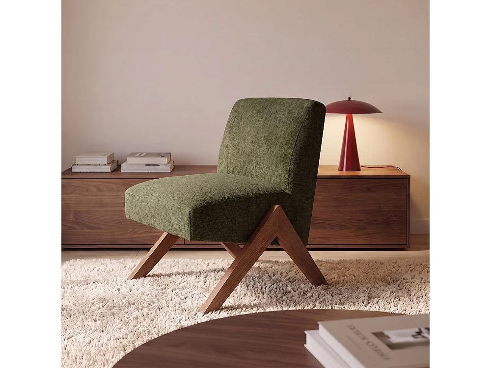 Vinto - Fauteuil en tissu pieds bois - Vert chiné