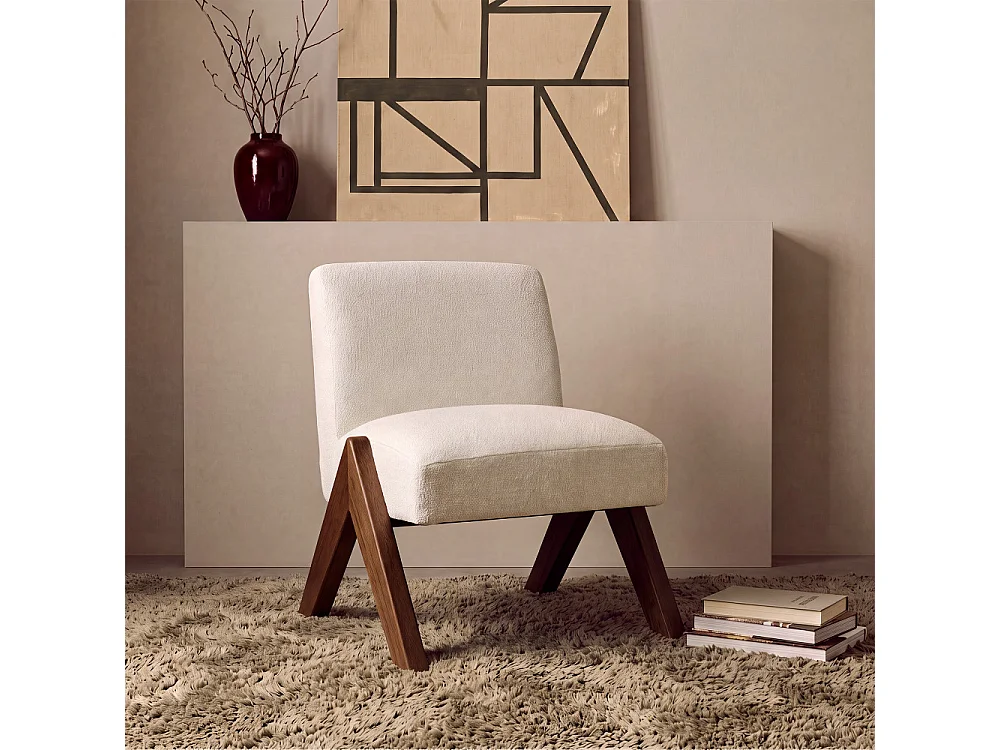 Vinto - Fauteuil en tissu pieds bois - Beige chiné