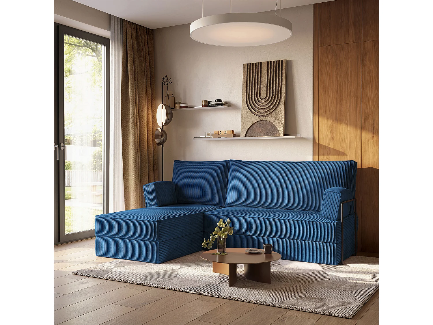 Canapé convertible compressé NOTIA, avec cadre métallique, velours côtelé POSO Bleu