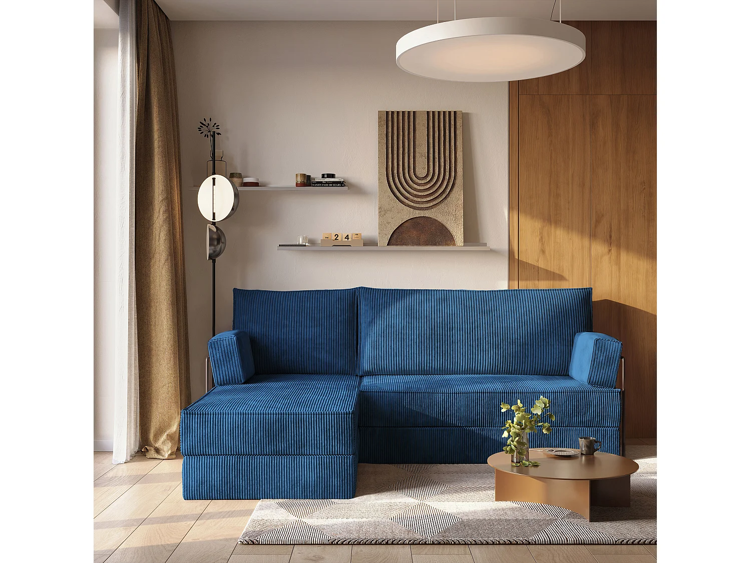 Canapé convertible compressé NOTIA, avec cadre métallique, velours côtelé POSO Bleu