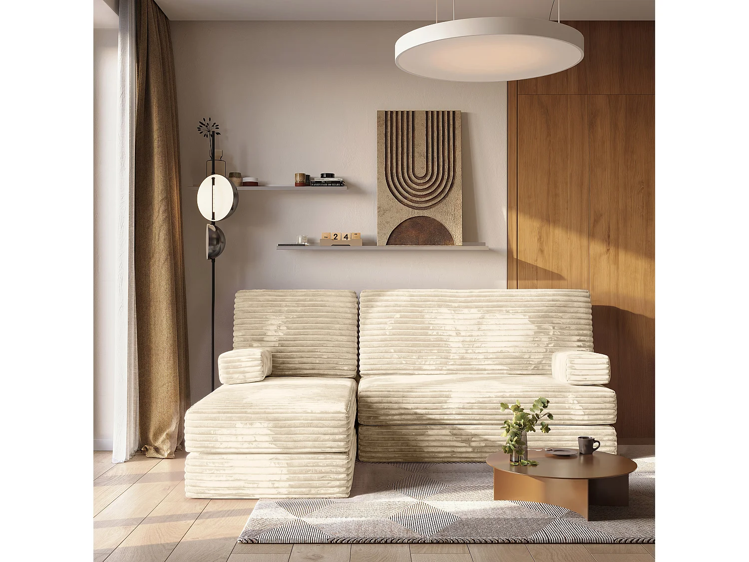 Canapé convertible compressé NOTIA, sans cadre métallique, velours côtelé TILIA Crème