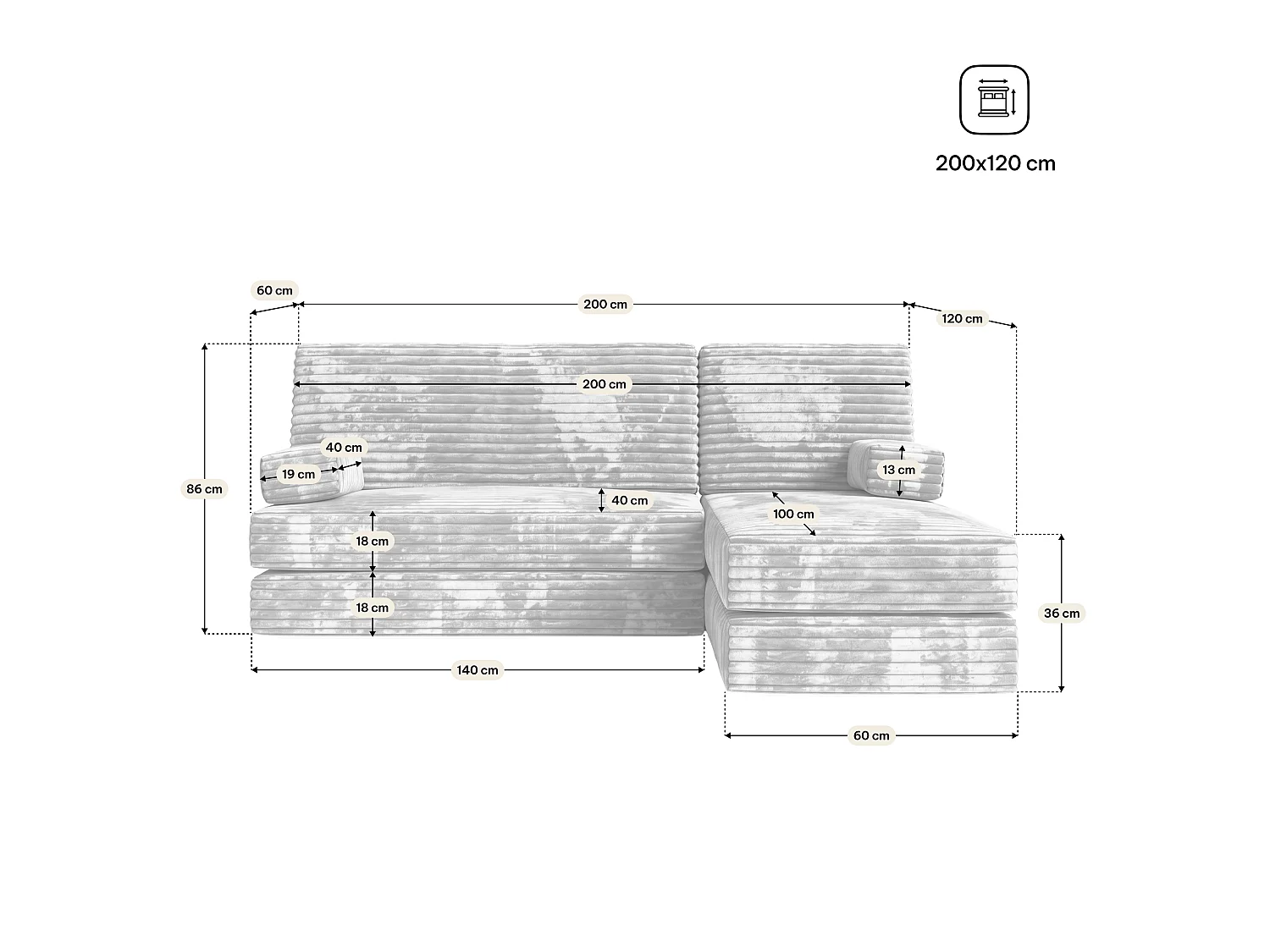 Canapé convertible compressé NOTIA, sans cadre métallique, velours côtelé TILIA Crème