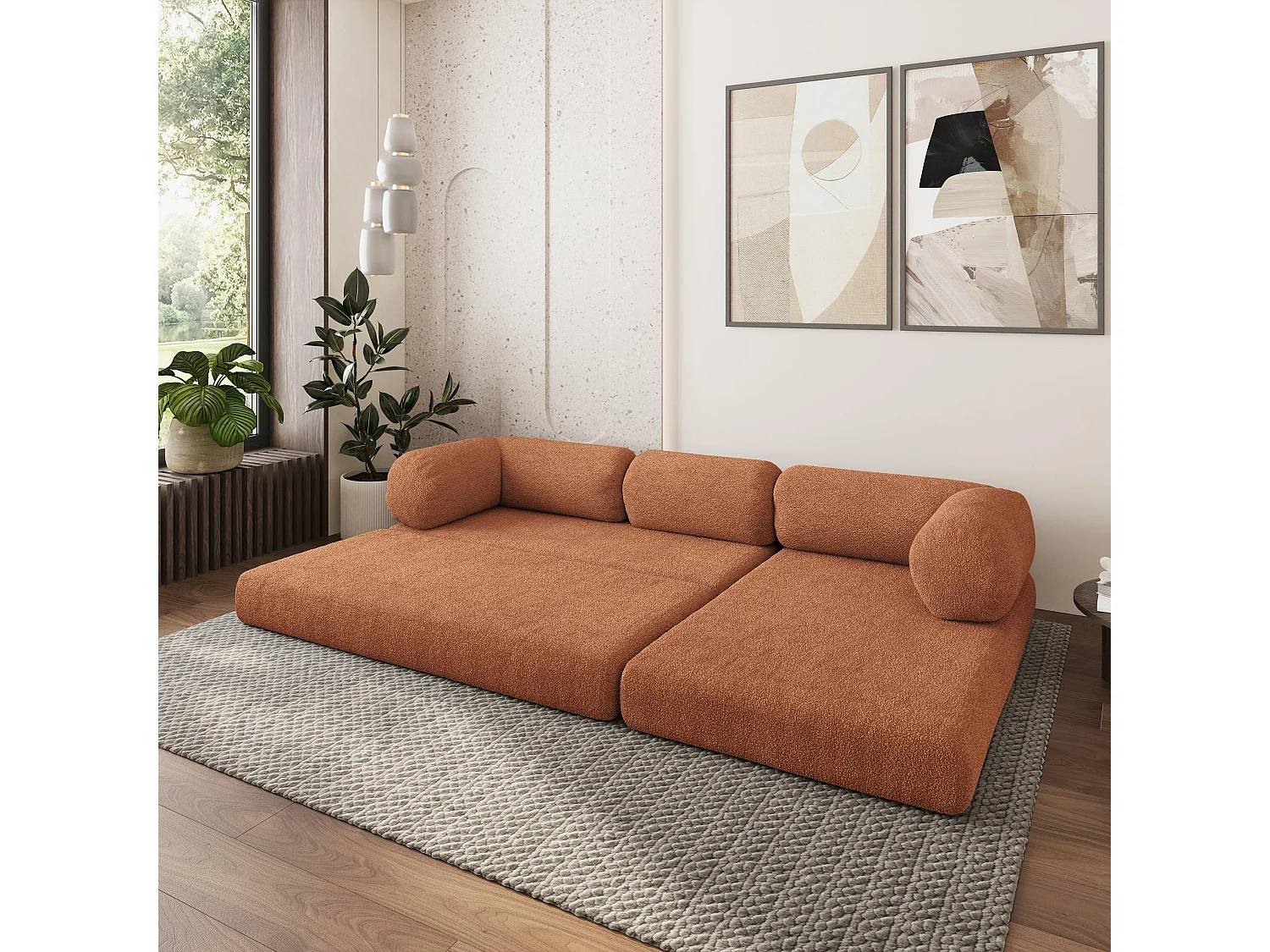 Canapé convertible compressé KELI, sans cadre métallique, bouclé Cuivré