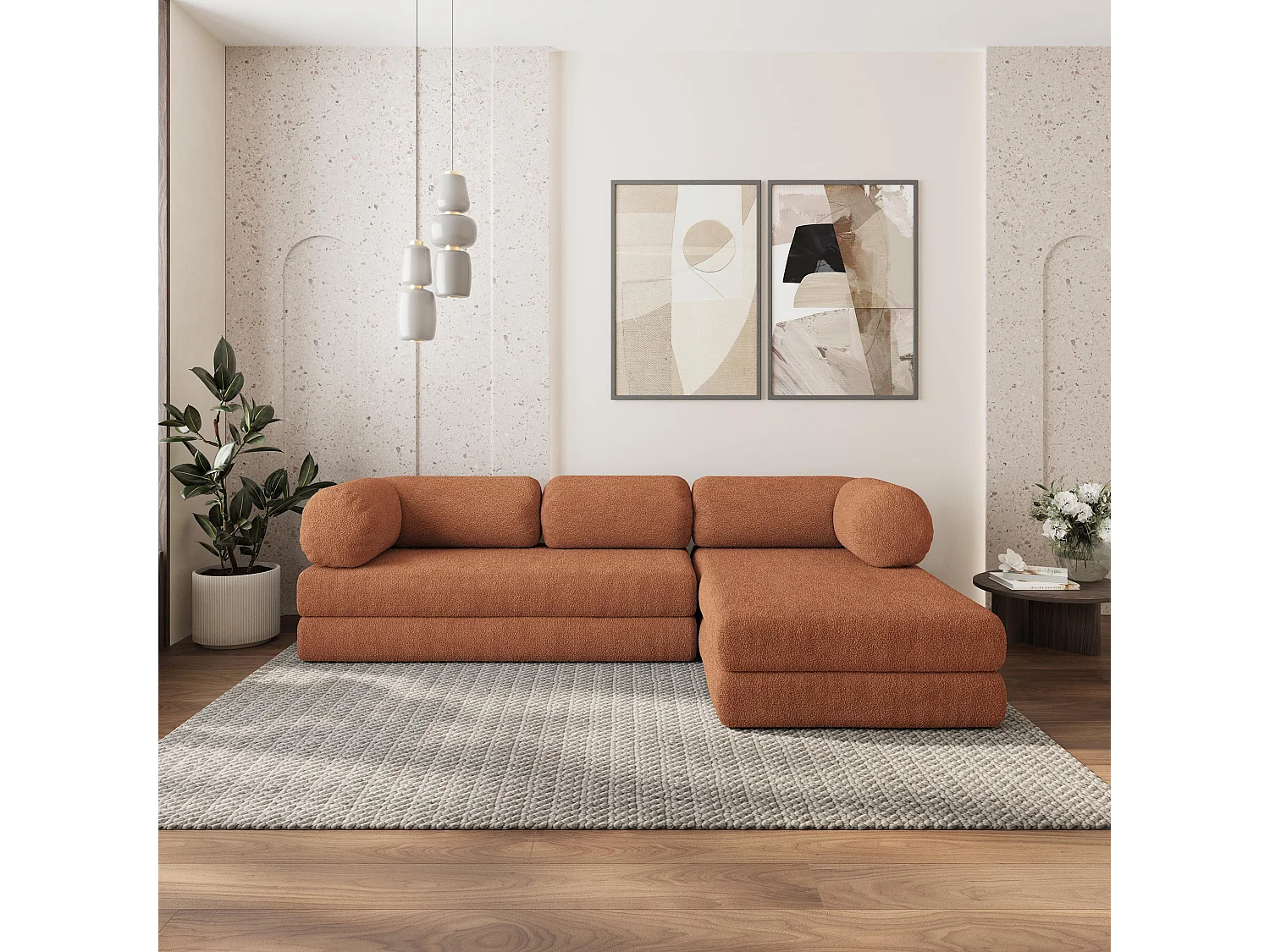 Canapé convertible compressé KELI, sans cadre métallique, bouclé Cuivré