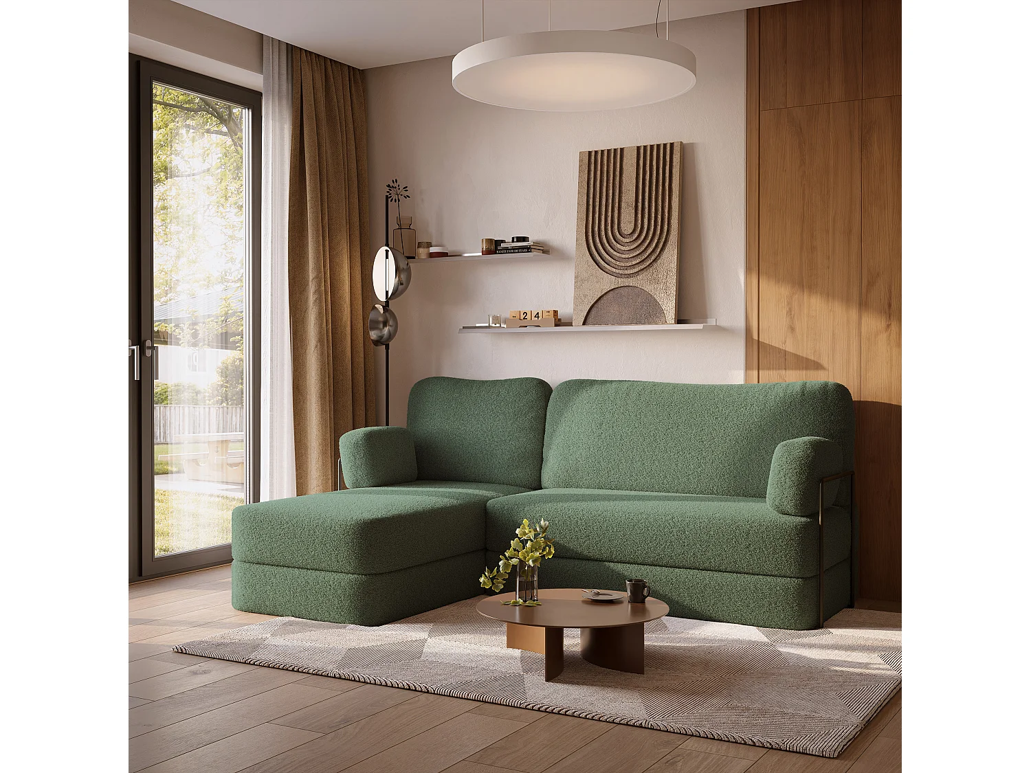 Canapé convertible compressé SABI, avec cadre métallique, bouclé Vert