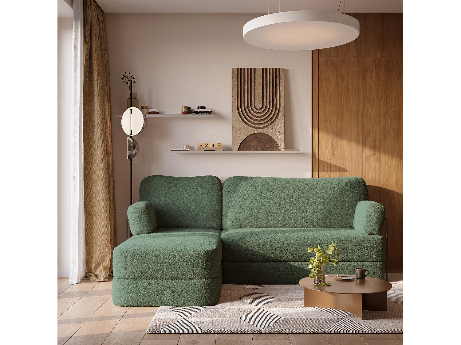Canapé convertible compressé SABI, avec cadre métallique, bouclé Vert