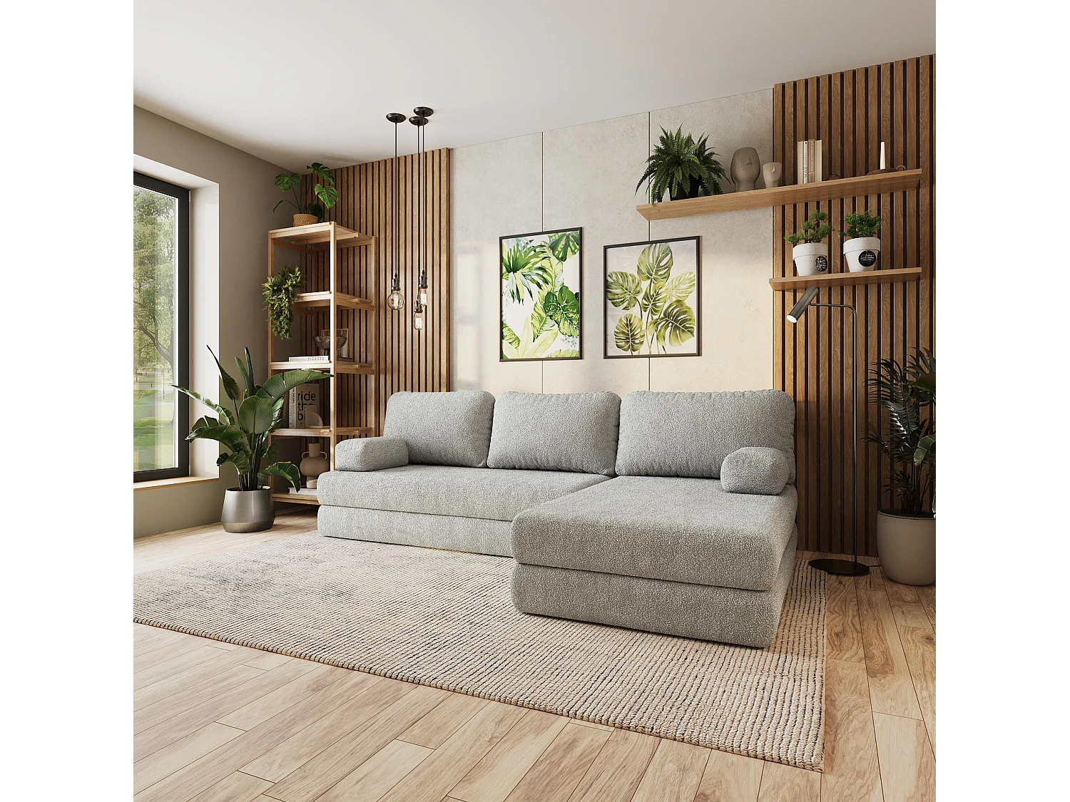 Canapé convertible compressé LEA, sans cadre métallique, bouclé Gris clair