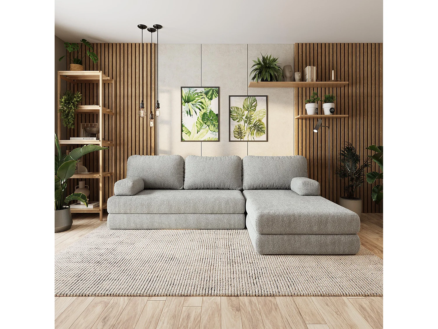 Canapé convertible compressé LEA, sans cadre métallique, bouclé Gris clair