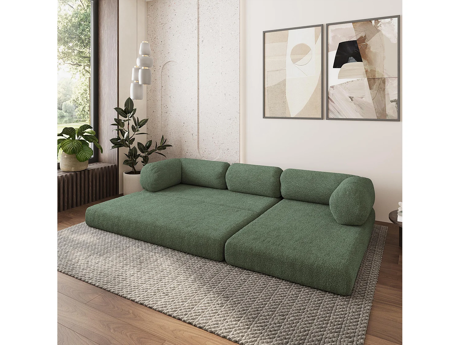 Canapé convertible compressé KELI, sans cadre métallique, bouclé Vert