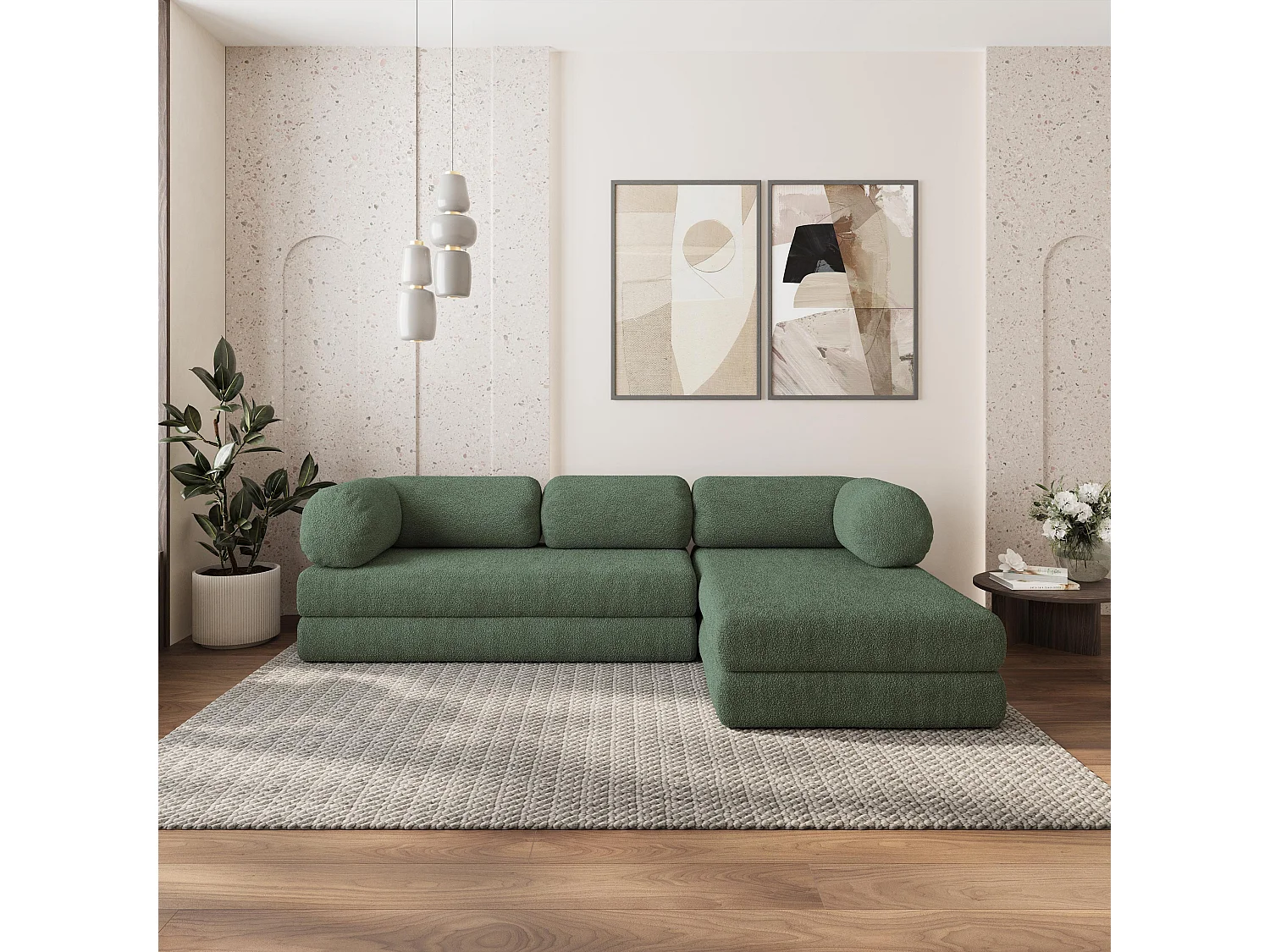 Canapé convertible compressé KELI, sans cadre métallique, bouclé Vert