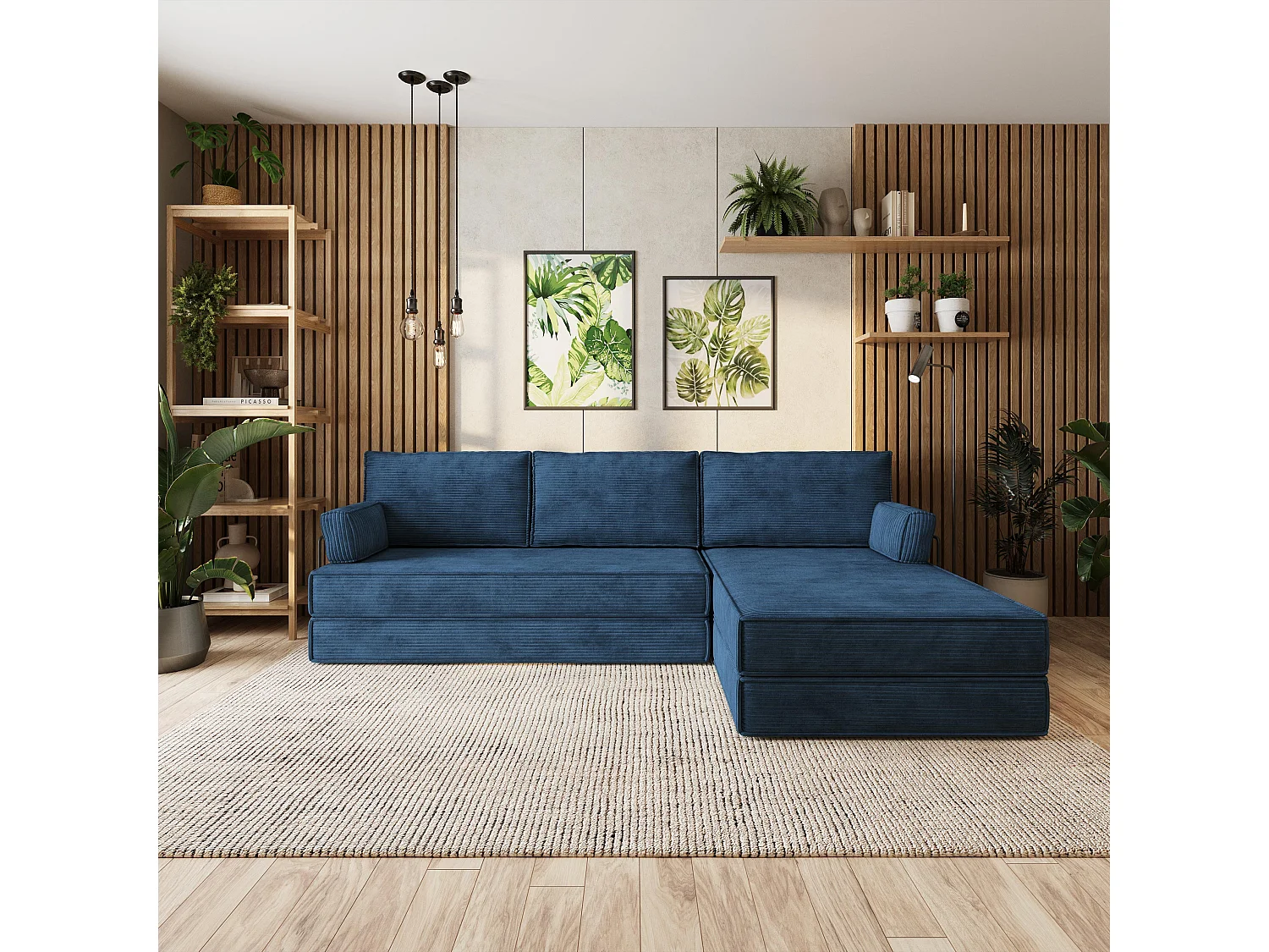 Canapé convertible compressé ANKO, avec cadre métallique, velours côtelé POSO Bleu