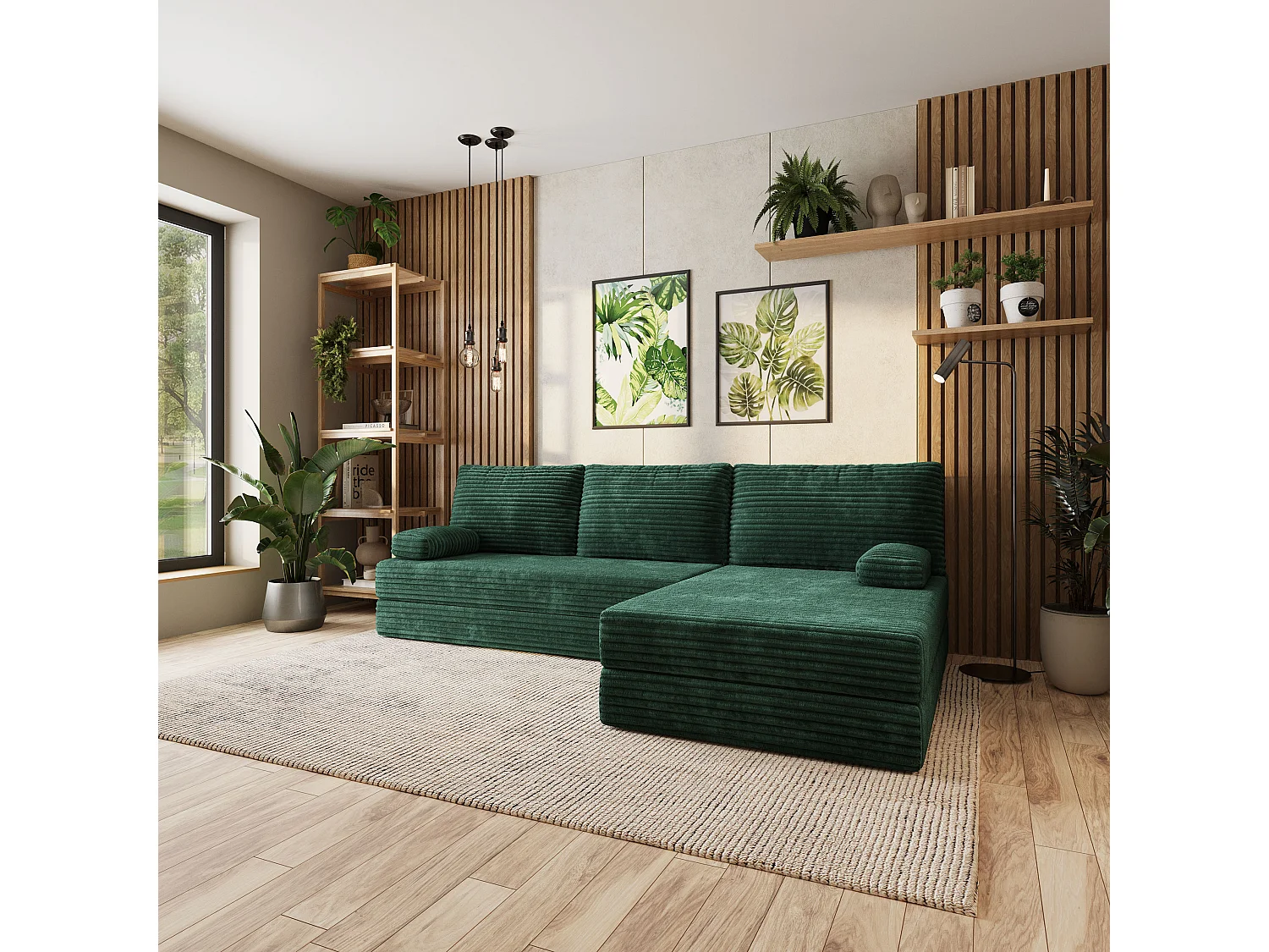 Canapé convertible compressé ANKO, sans cadre métallique, velours côtelé TILIA Vert Sapin