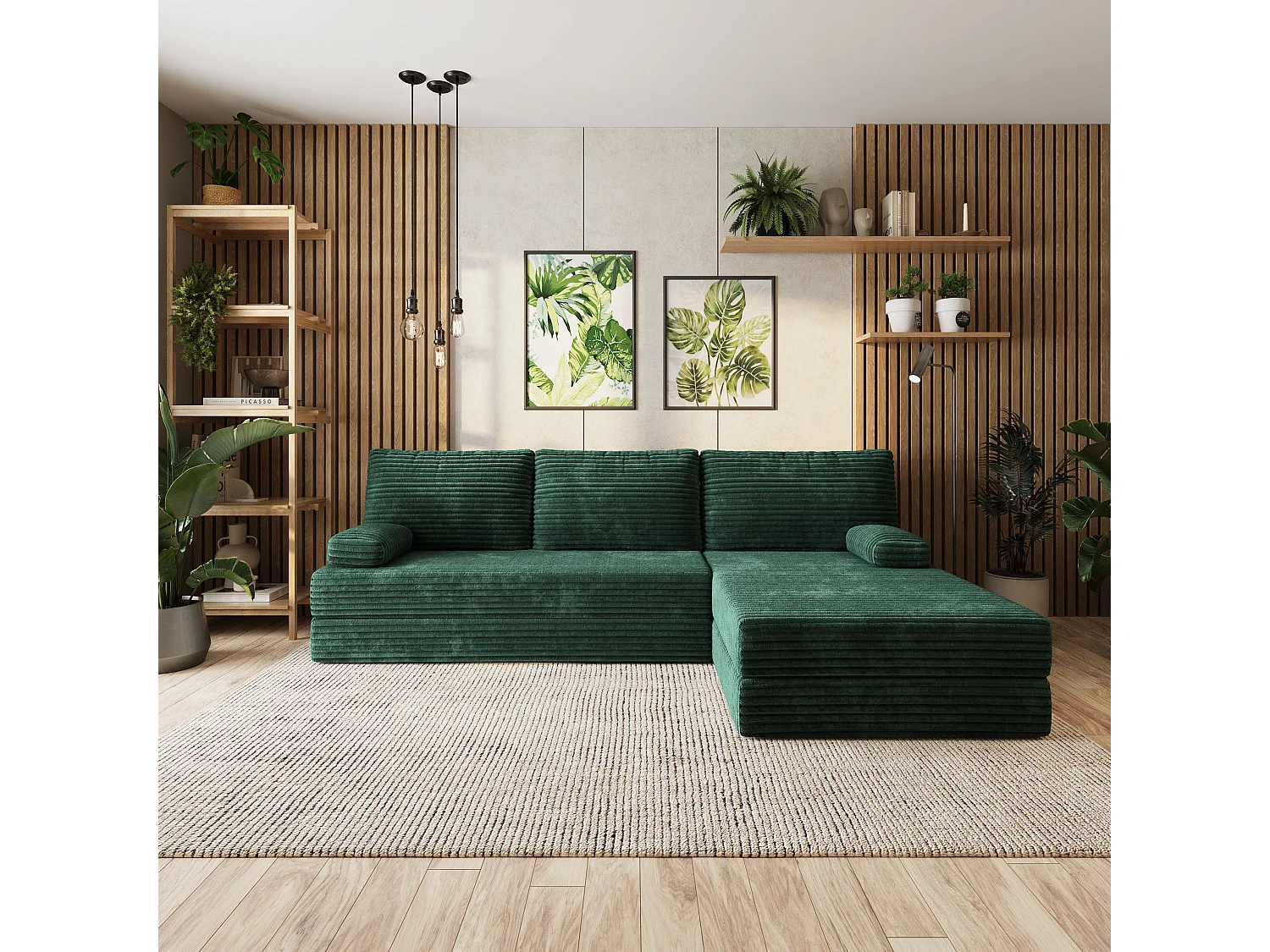 Canapé convertible compressé ANKO, sans cadre métallique, velours côtelé TILIA Vert Sapin