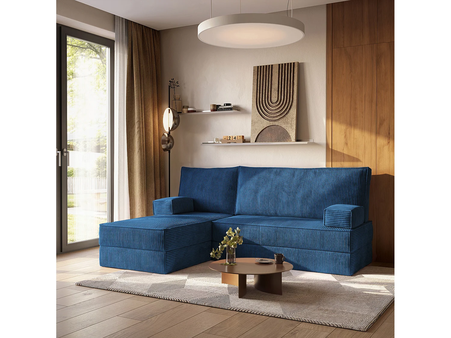Canapé convertible compressé NOTIA, sans cadre métallique, velours côtelé POSO Bleu