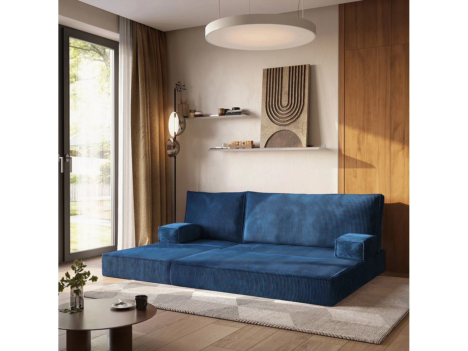 Canapé convertible compressé NOTIA, sans cadre métallique, velours côtelé POSO Bleu