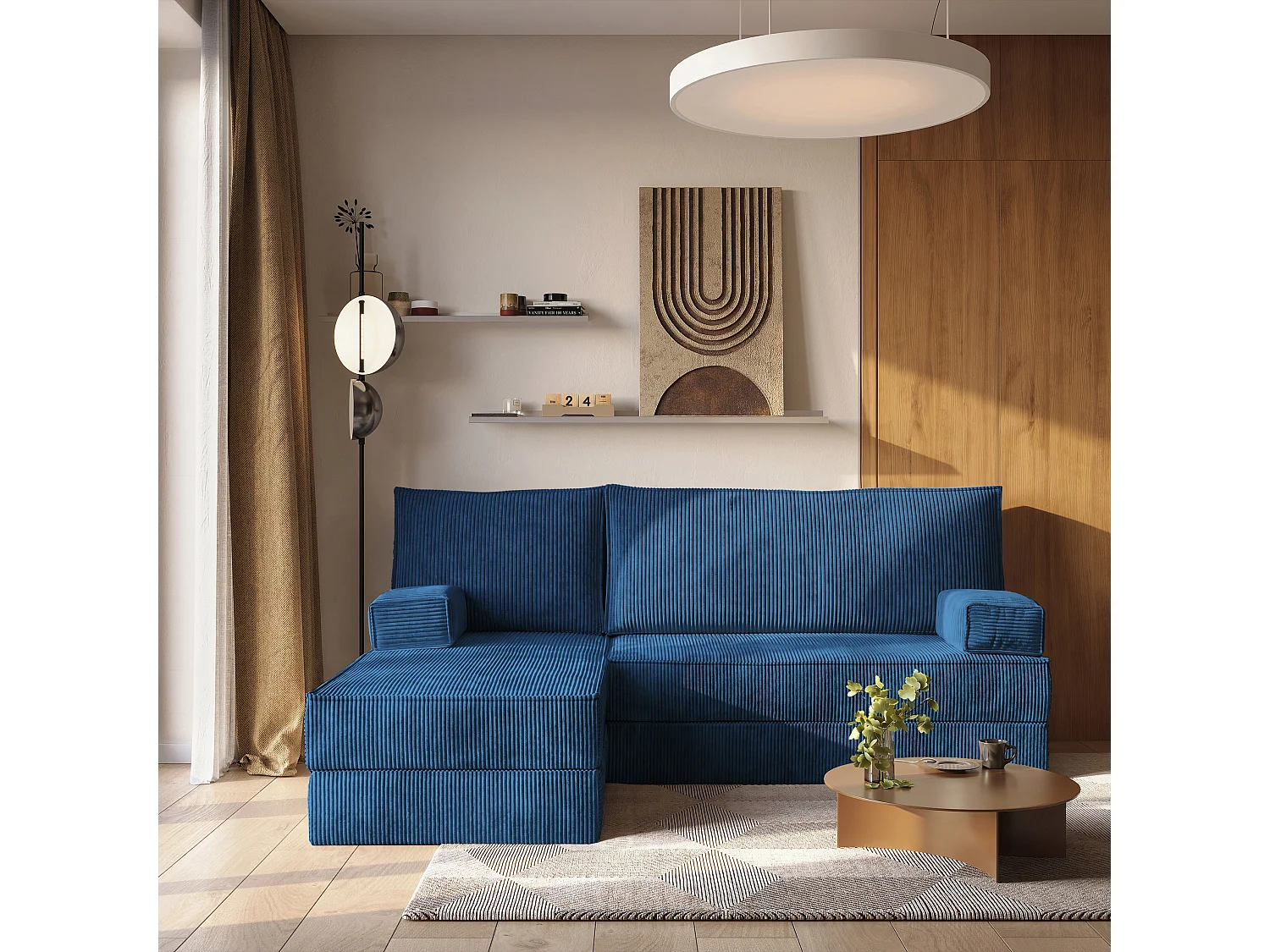 Canapé convertible compressé NOTIA, sans cadre métallique, velours côtelé POSO Bleu