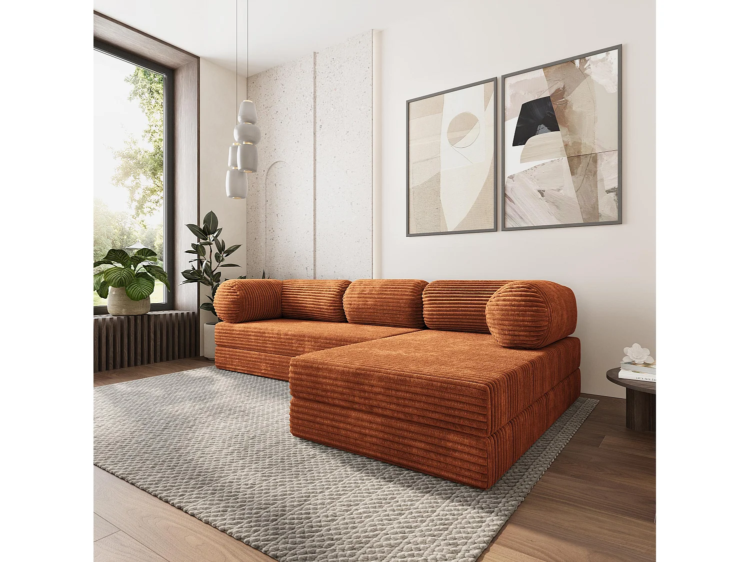 Canapé convertible compressé ETERA, sans cadre métallique, velours côtelé TILIA Marron