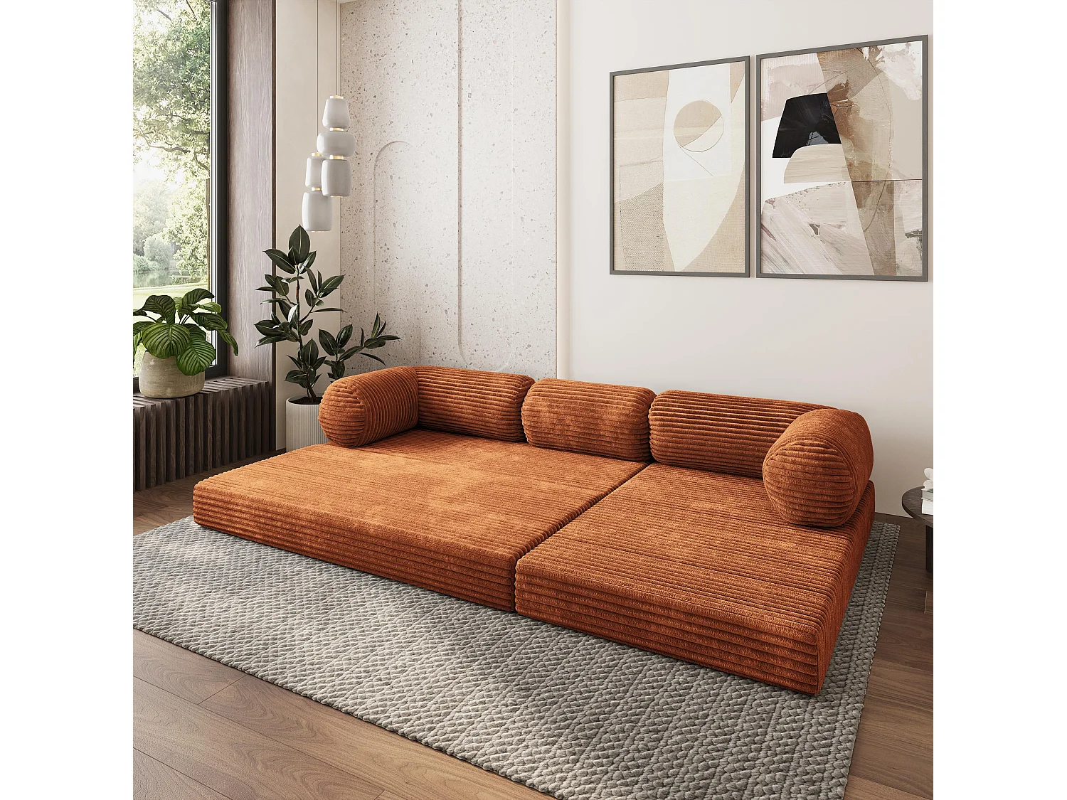 Canapé convertible compressé ETERA, sans cadre métallique, velours côtelé TILIA Marron