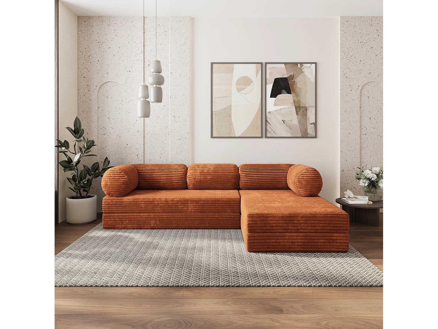 Canapé convertible compressé ETERA, sans cadre métallique, velours côtelé TILIA Marron