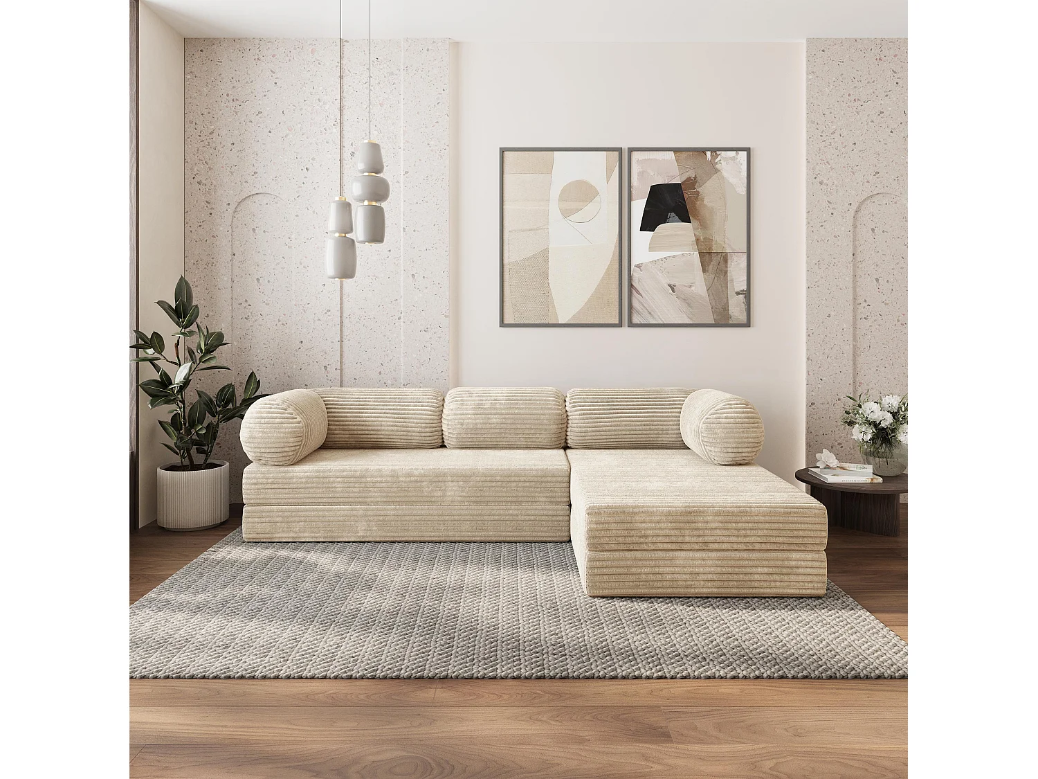 Canapé convertible compressé ETERA, sans cadre métallique, velours côtelé TILIA Crème