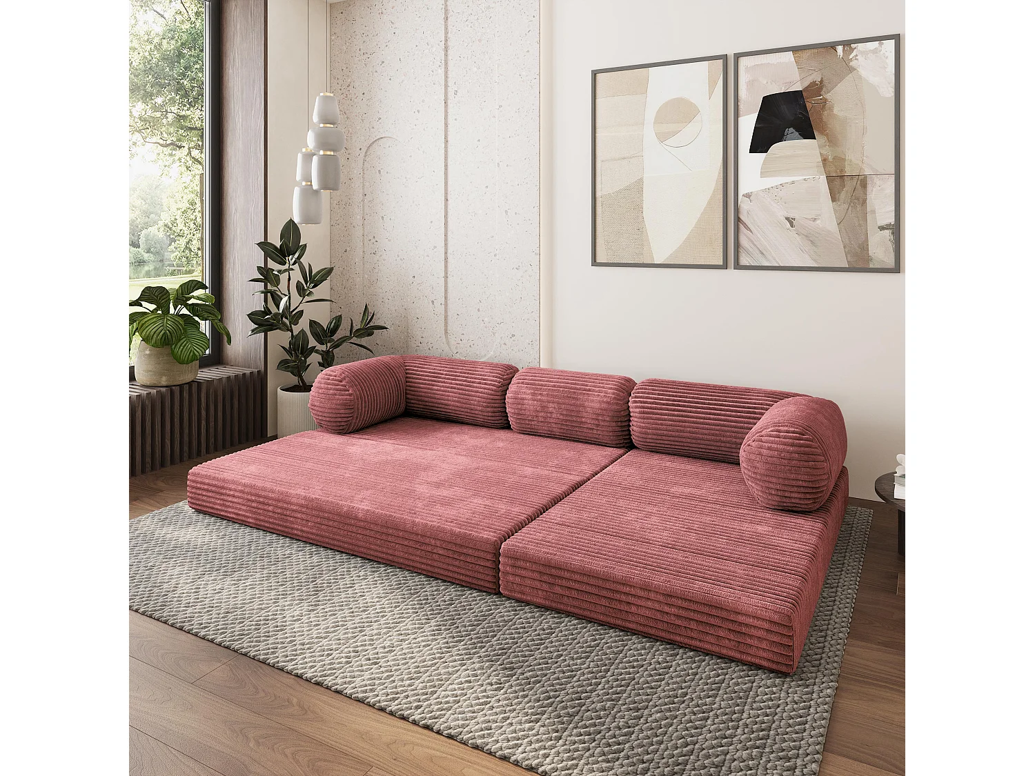 Canapé convertible compressé ETERA, sans cadre métallique, velours côtelé TILIA Rose
