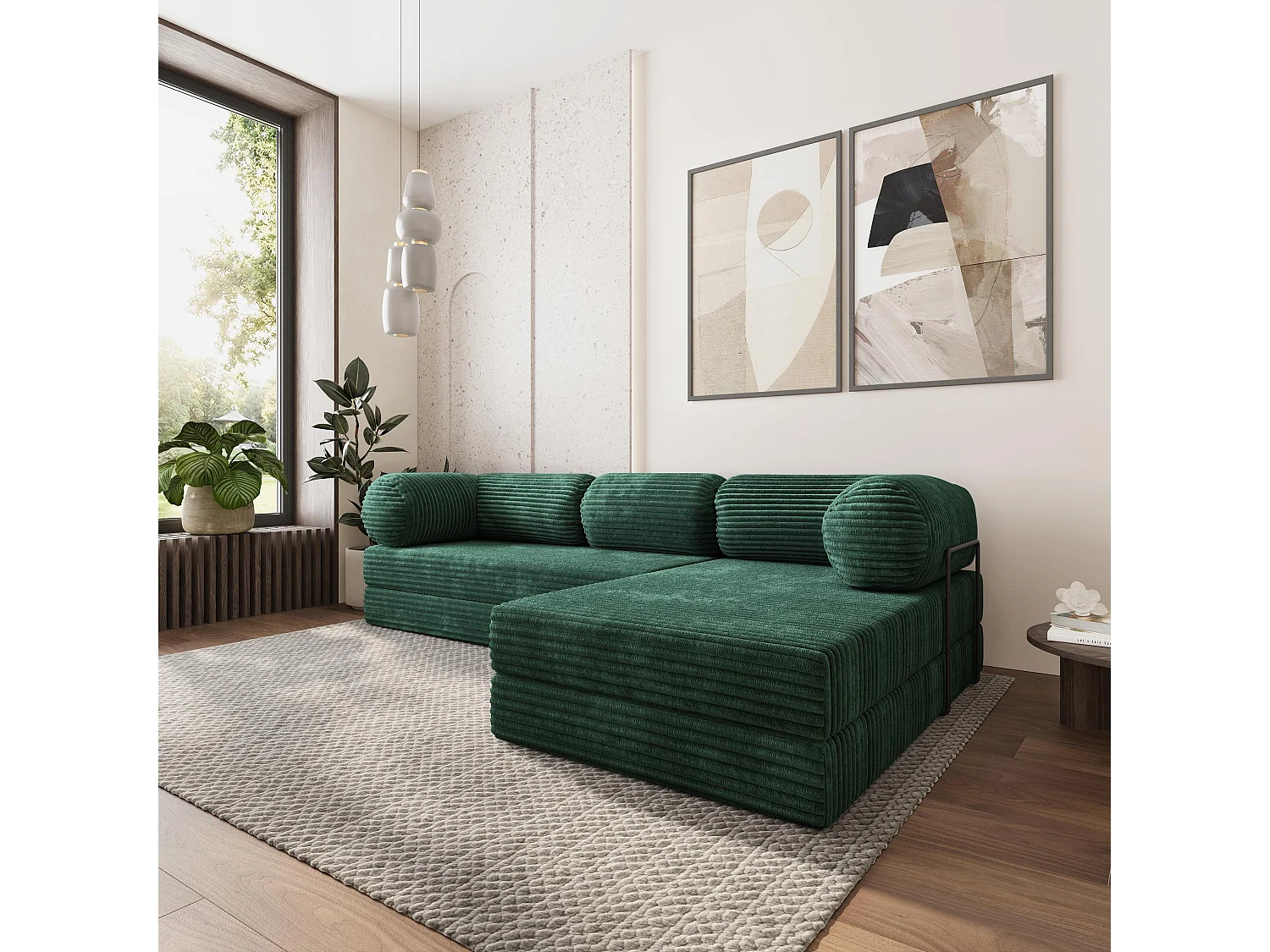 Canapé convertible compressé ETERA, avec cadre métallique, velours côtelé TILIA Vert Sapin