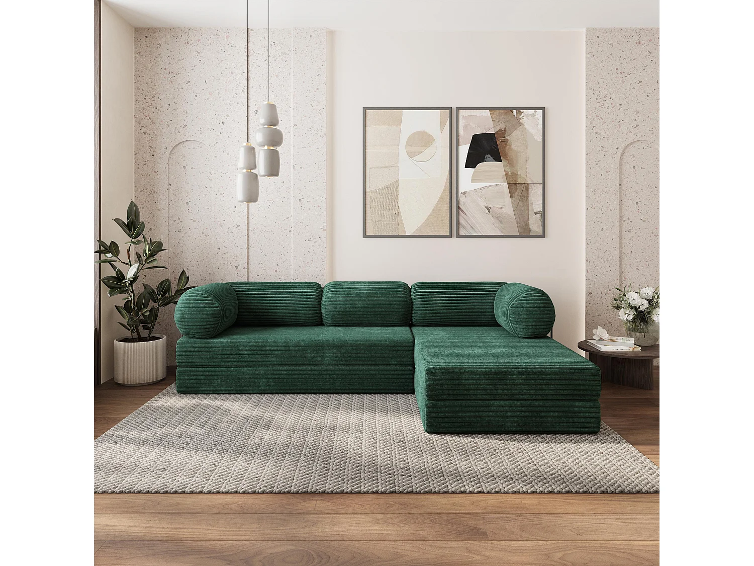 Canapé convertible compressé ETERA, avec cadre métallique, velours côtelé TILIA Vert Sapin