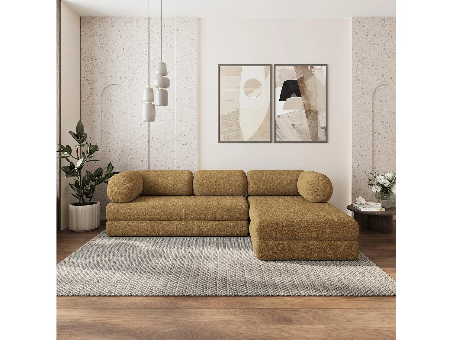 Canapé convertible compressé KELI, sans cadre métallique, bouclé Orange