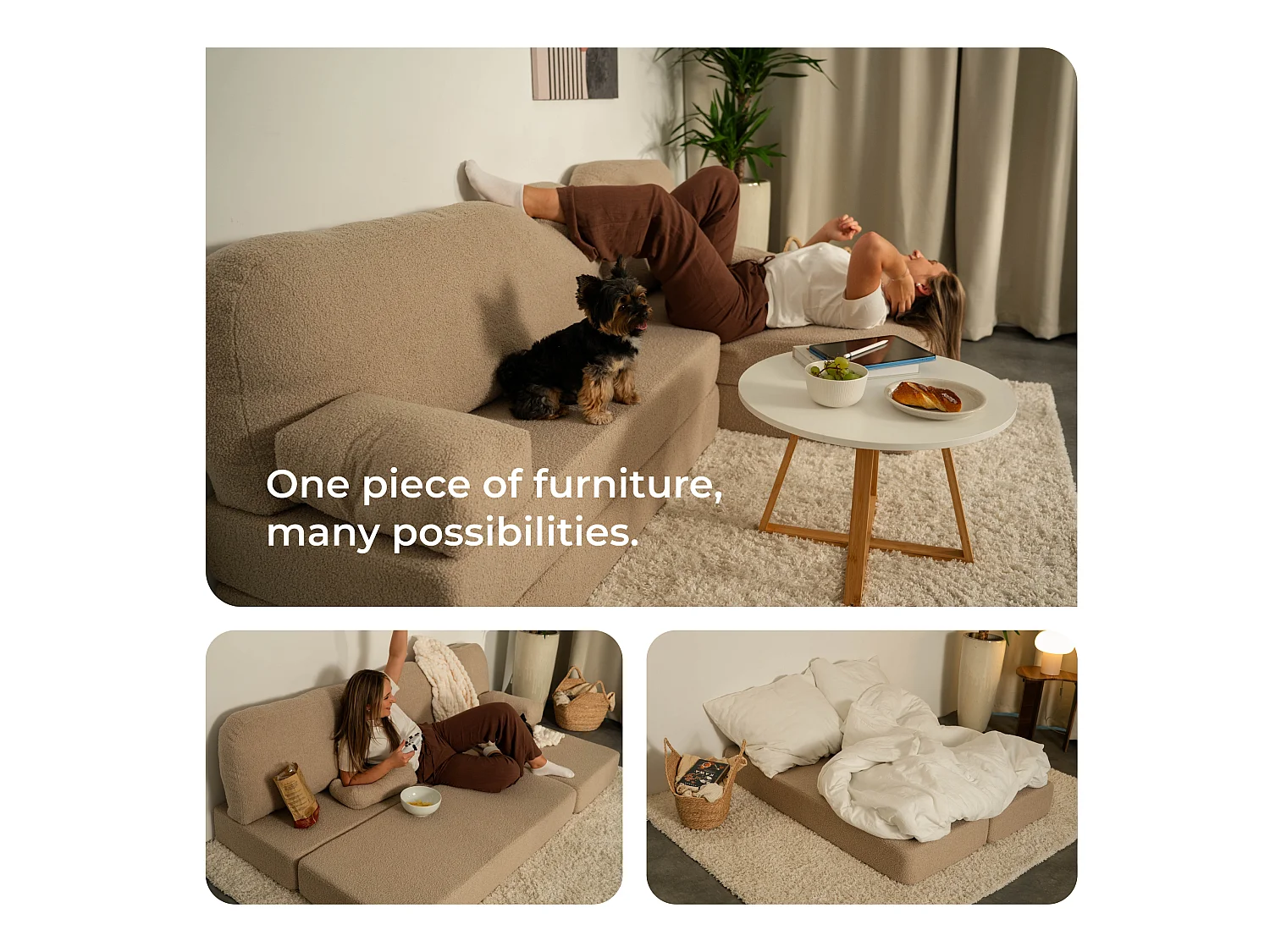 Canapé convertible compressé SABI, sans cadre métallique, bouclé Beige