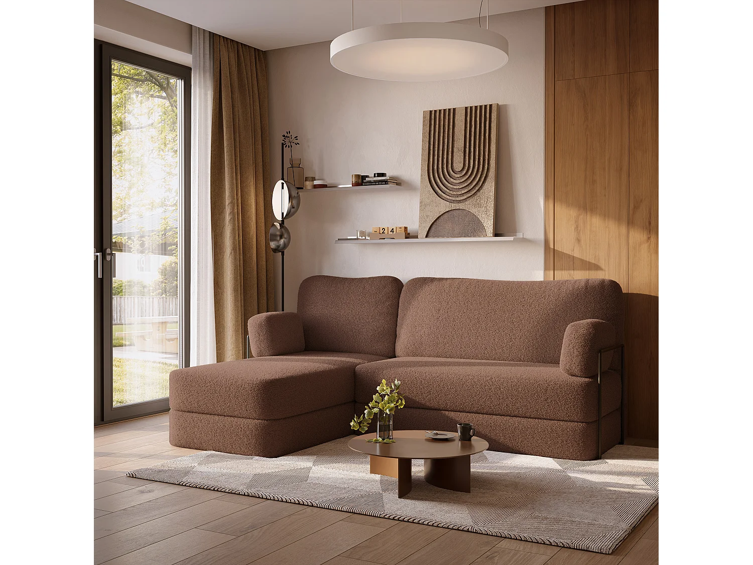 Canapé convertible compressé SABI, avec cadre métallique, bouclé Marron