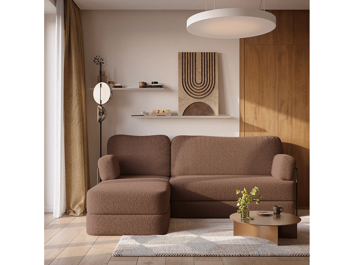 Canapé convertible compressé SABI, avec cadre métallique, bouclé Marron