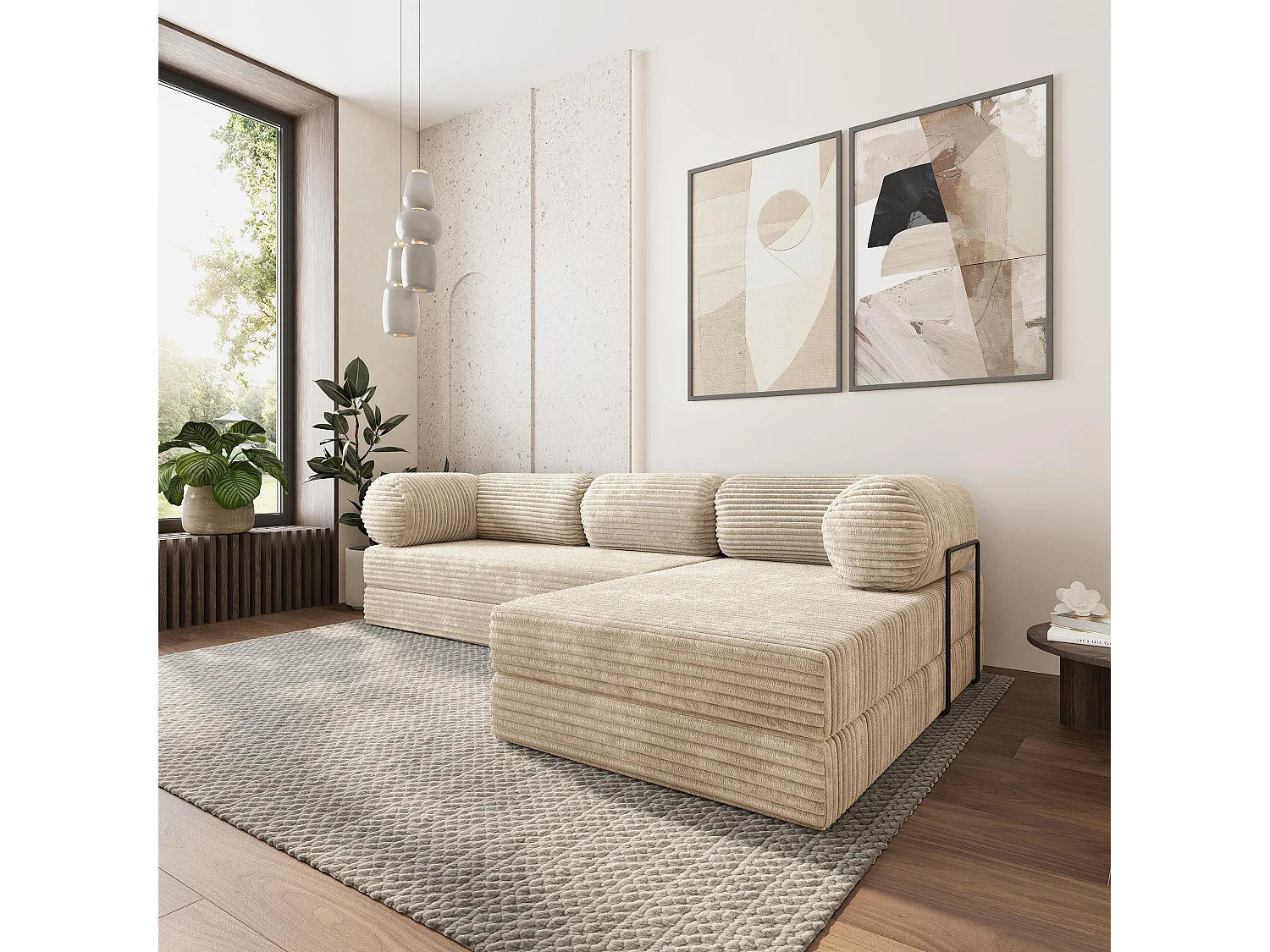 Canapé convertible compressé ETERA, avec cadre métallique, velours côtelé TILIA Crème