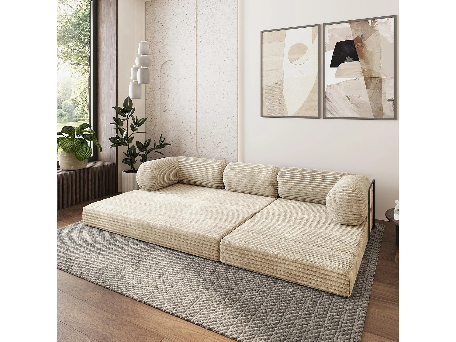 Canapé convertible compressé ETERA, avec cadre métallique, velours côtelé TILIA Crème