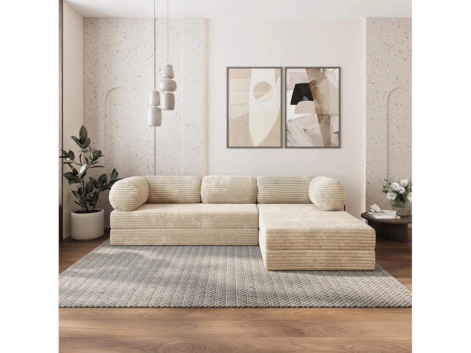 Canapé convertible compressé ETERA, avec cadre métallique, velours côtelé TILIA Crème