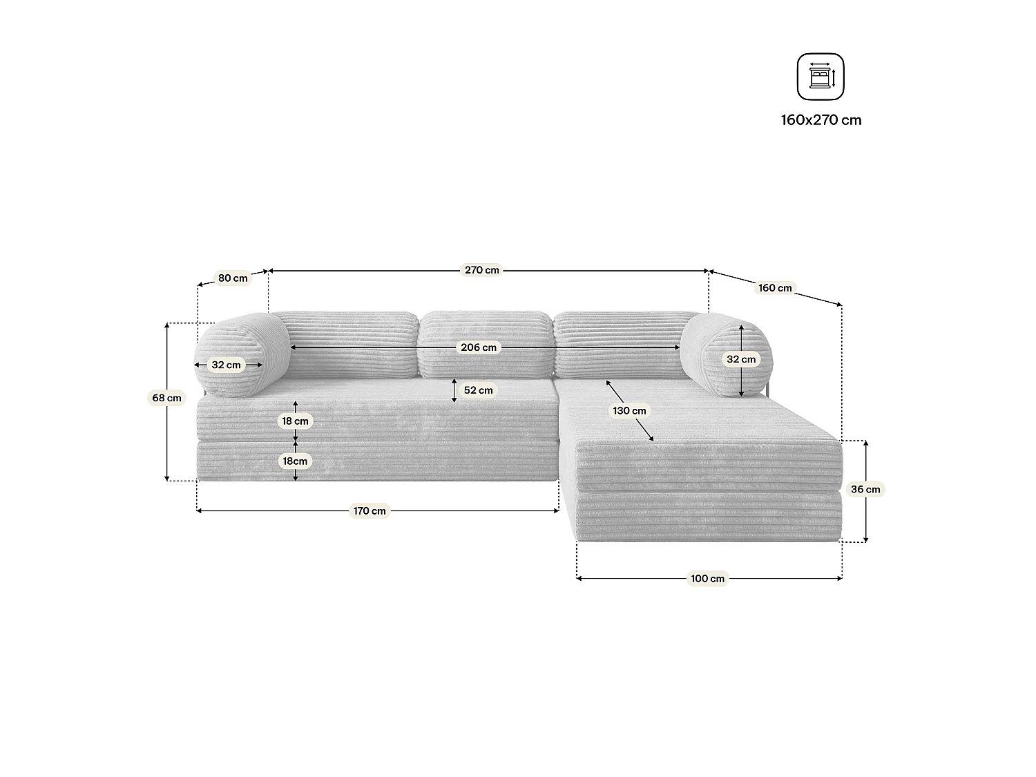Canapé convertible compressé ETERA, avec cadre métallique, velours côtelé TILIA Crème