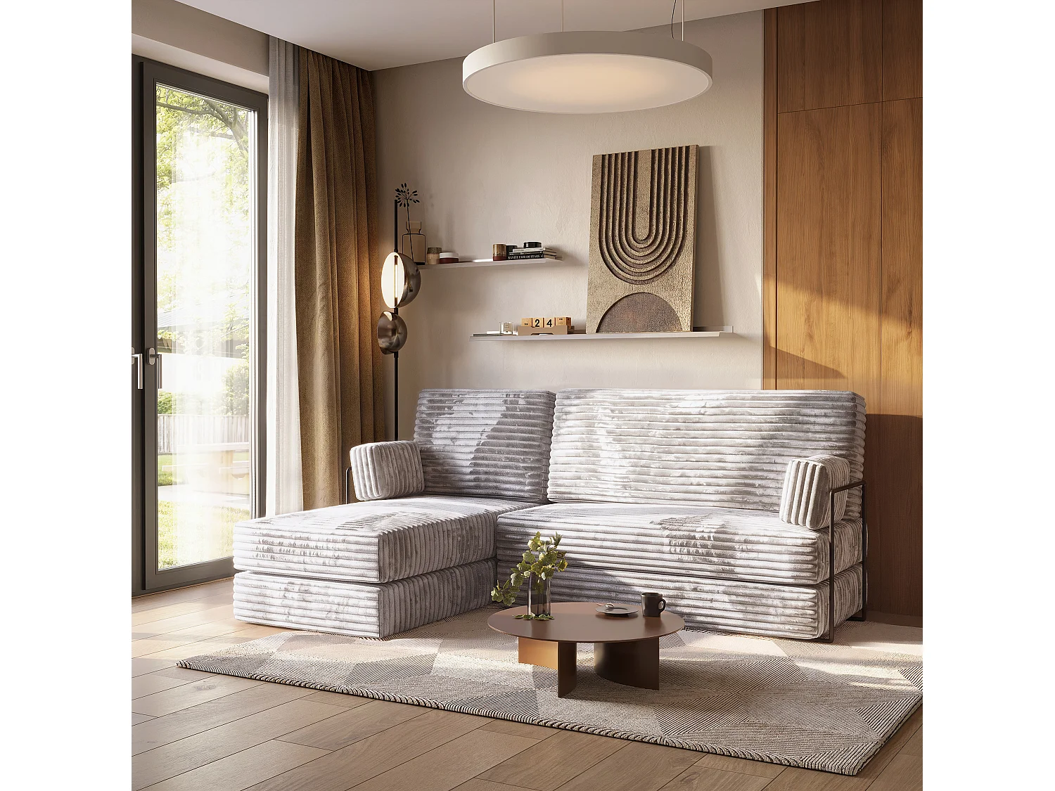 Canapé convertible compressé NOTIA, avec cadre métallique, velours côtelé TILIA Gris clair