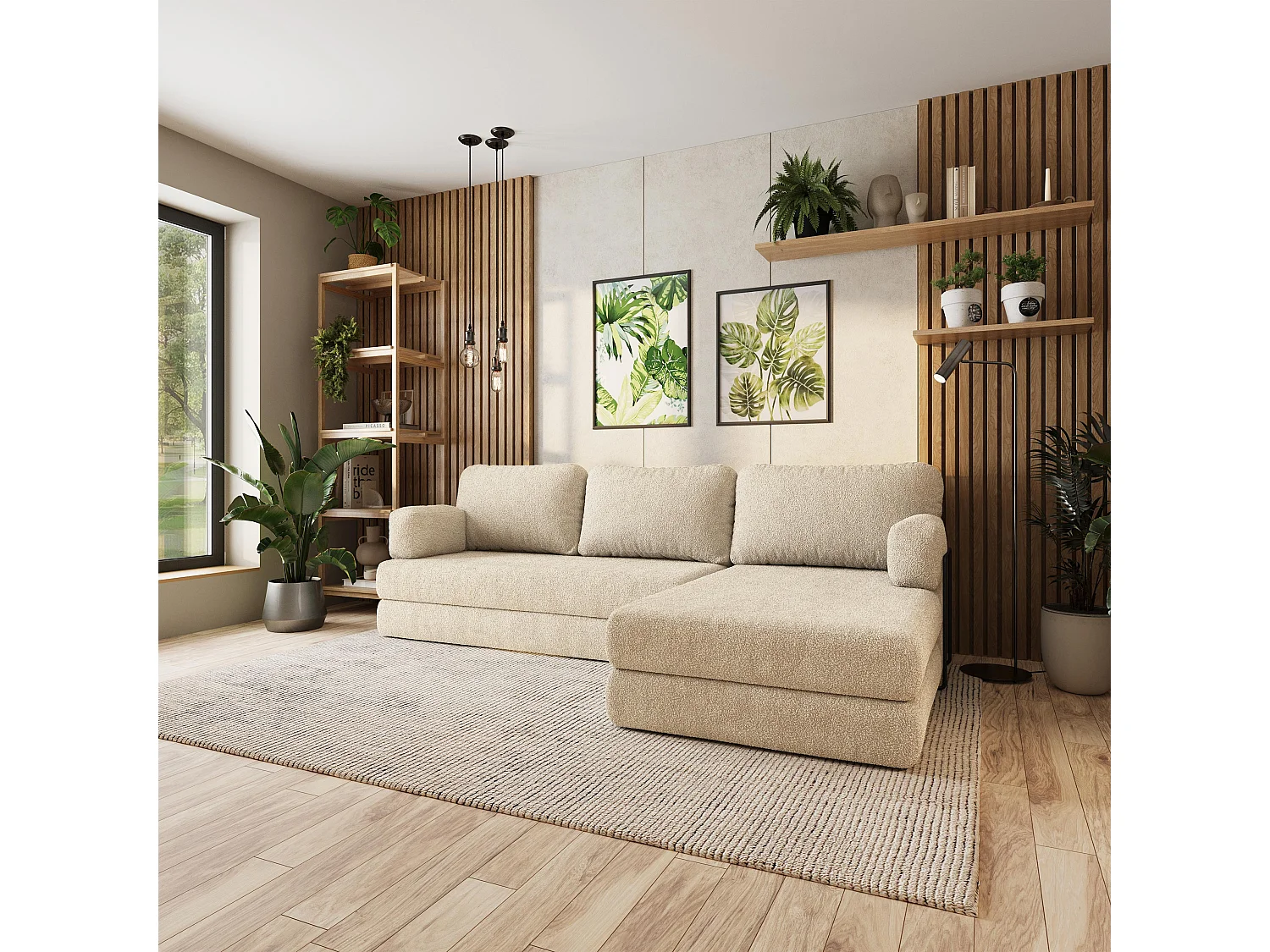 Canapé convertible compressé LEA, avec cadre métallique, bouclé Crème