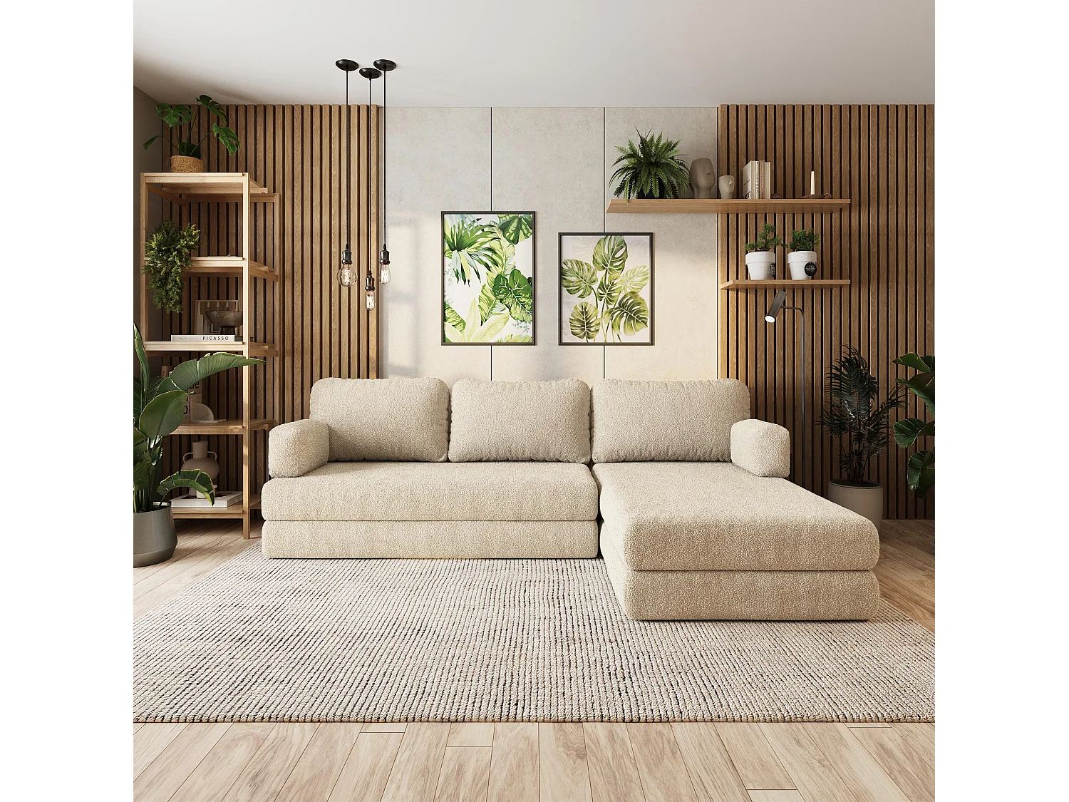 Canapé convertible compressé LEA, avec cadre métallique, bouclé Crème